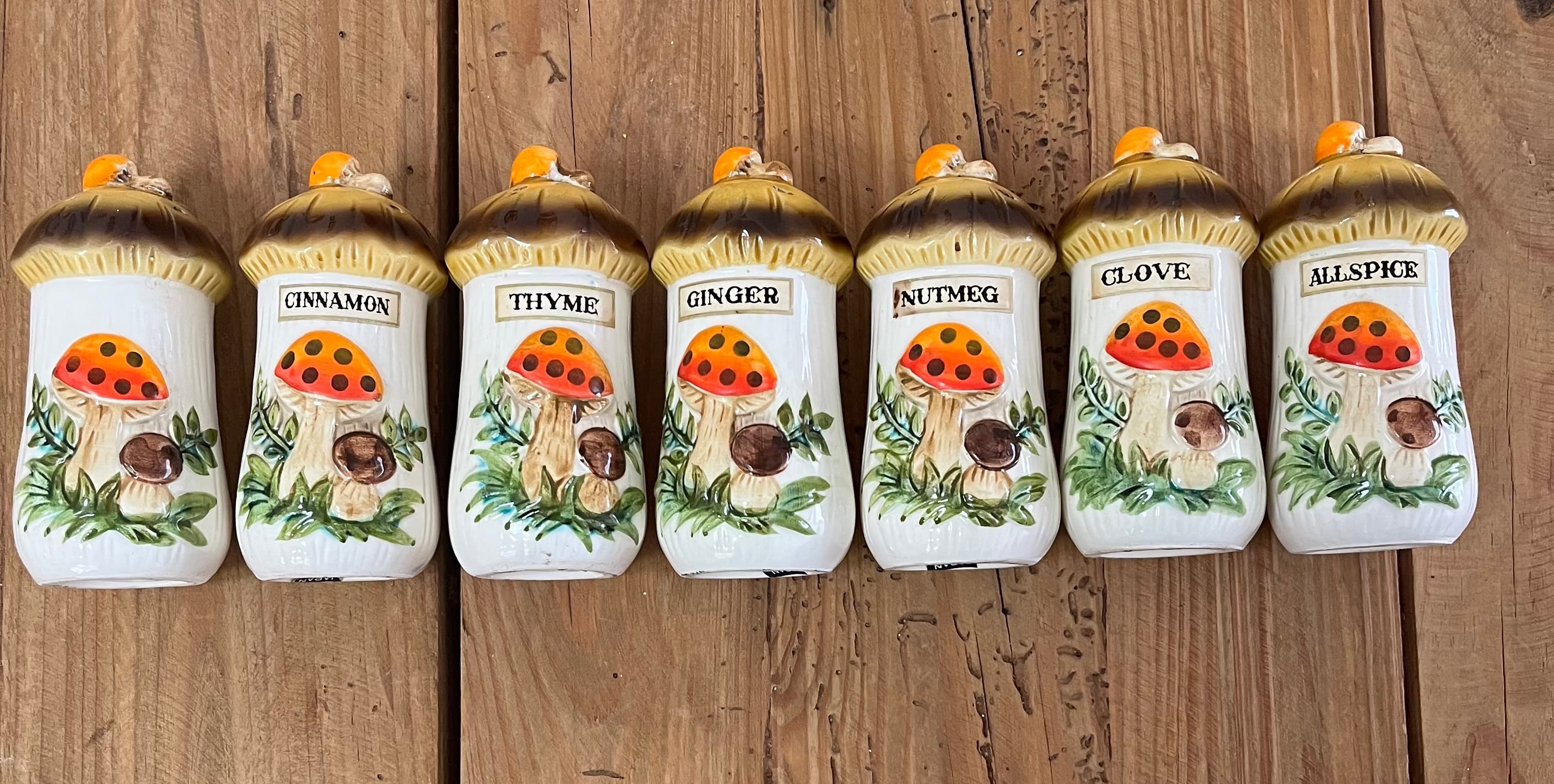 Vintage 1970s Sears Merry Mushroom 7 Piece Spice Jar/Sale Pepper Set - Japan Collectible — photo 2 of 3