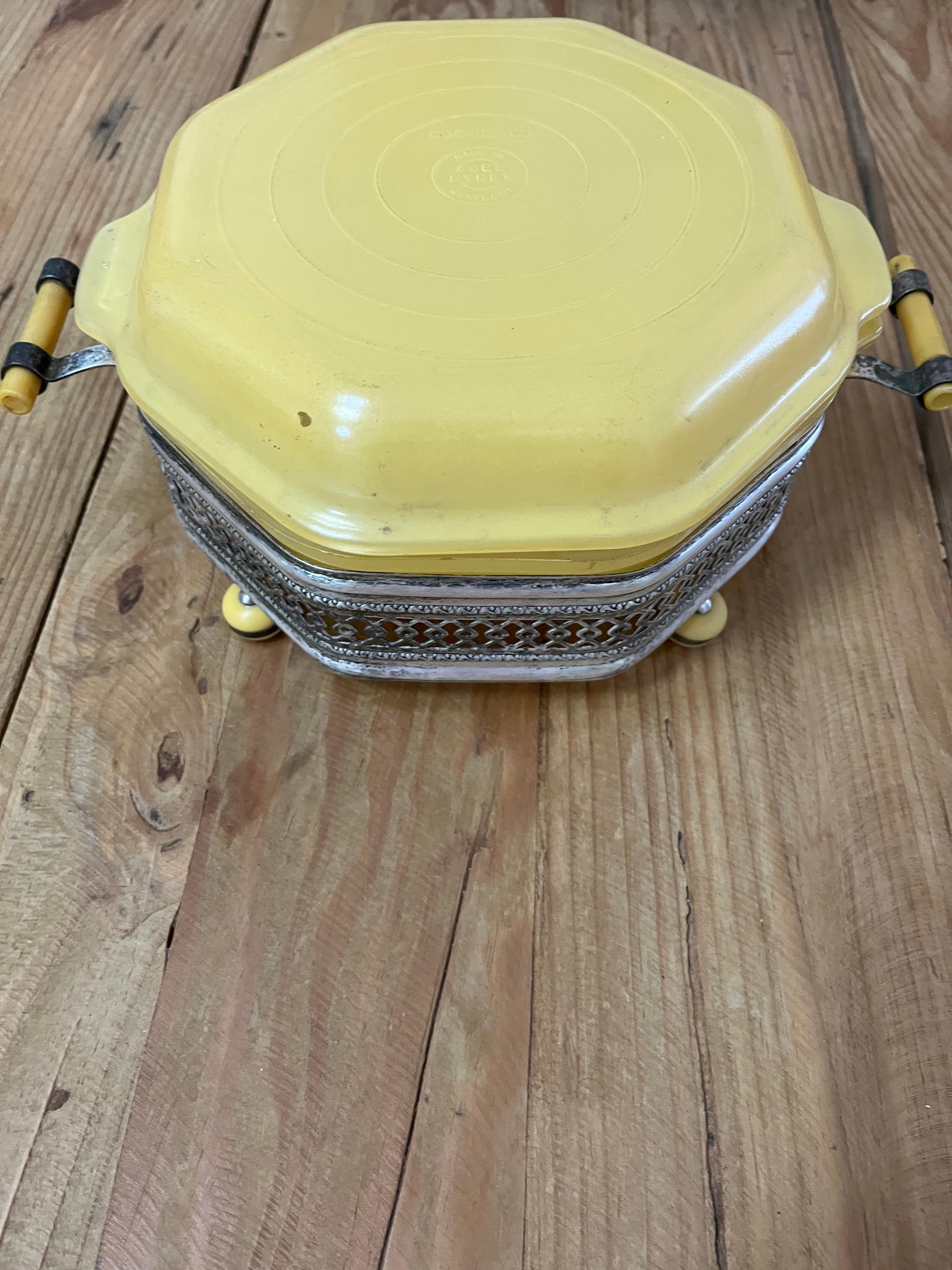 Vintage Agee Pyrex Yellow Octagonal Casserole Dish With Metal Warming Stand — photo 1 of 6
