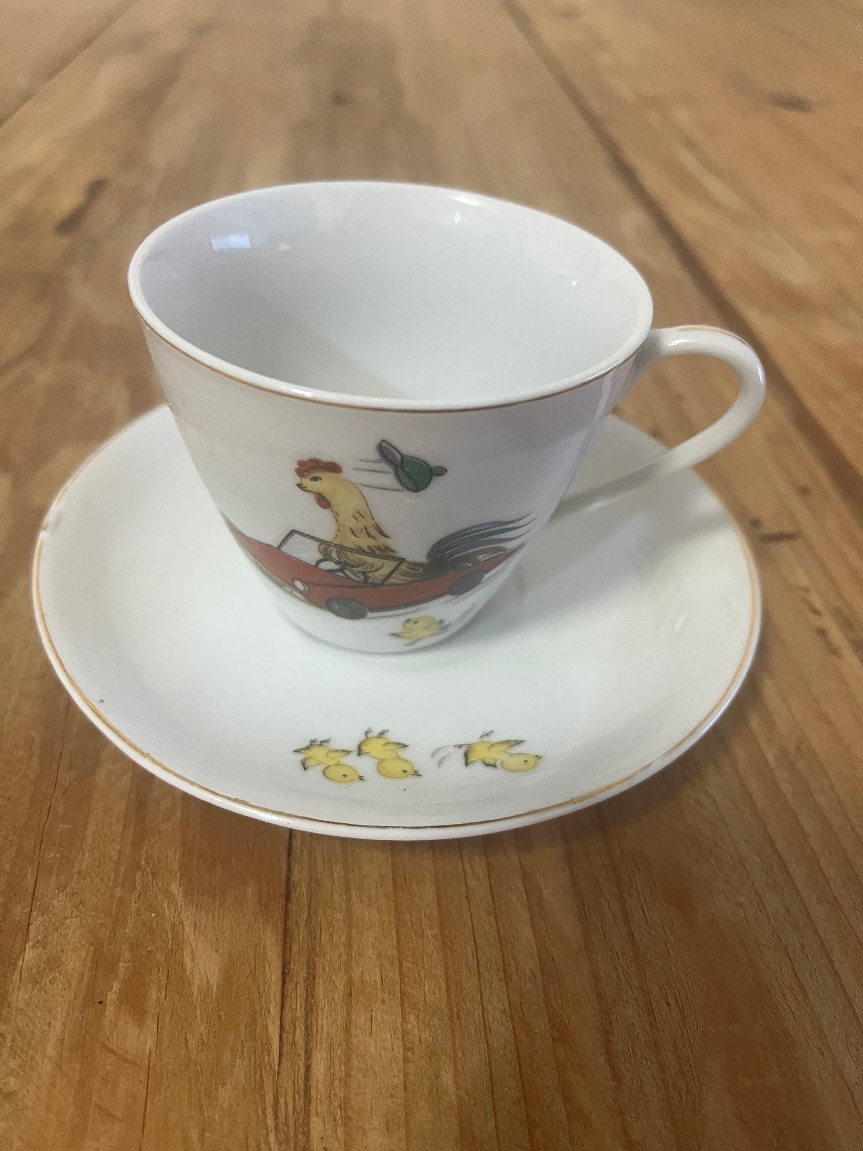 Vintage Childs Teacup And Saucer Rooster Driving Car Motif - 1960's Japan — photo 1 of 10