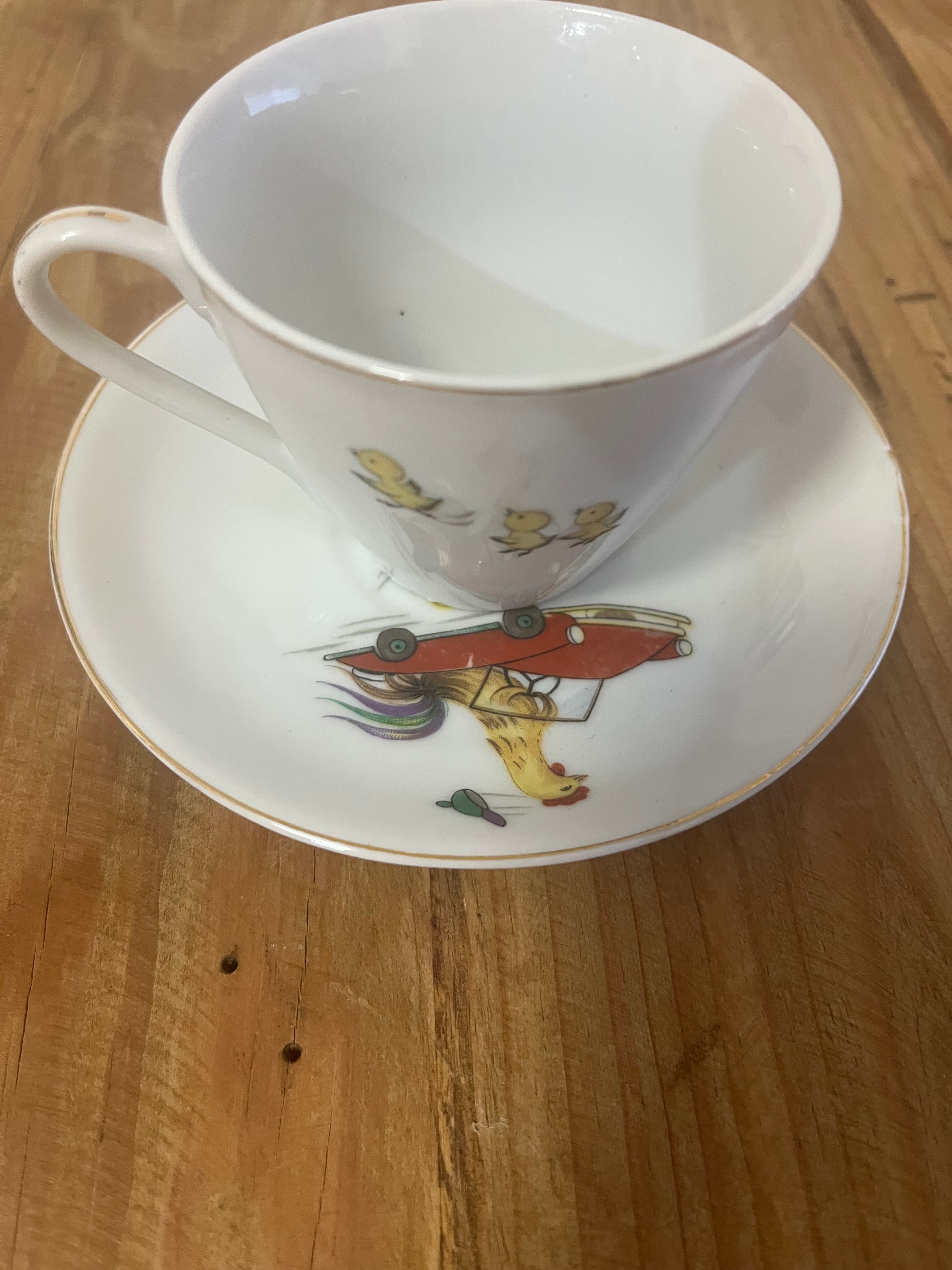 Vintage Childs Teacup And Saucer Rooster Driving Car Motif - 1960's Japan — photo 2 of 10