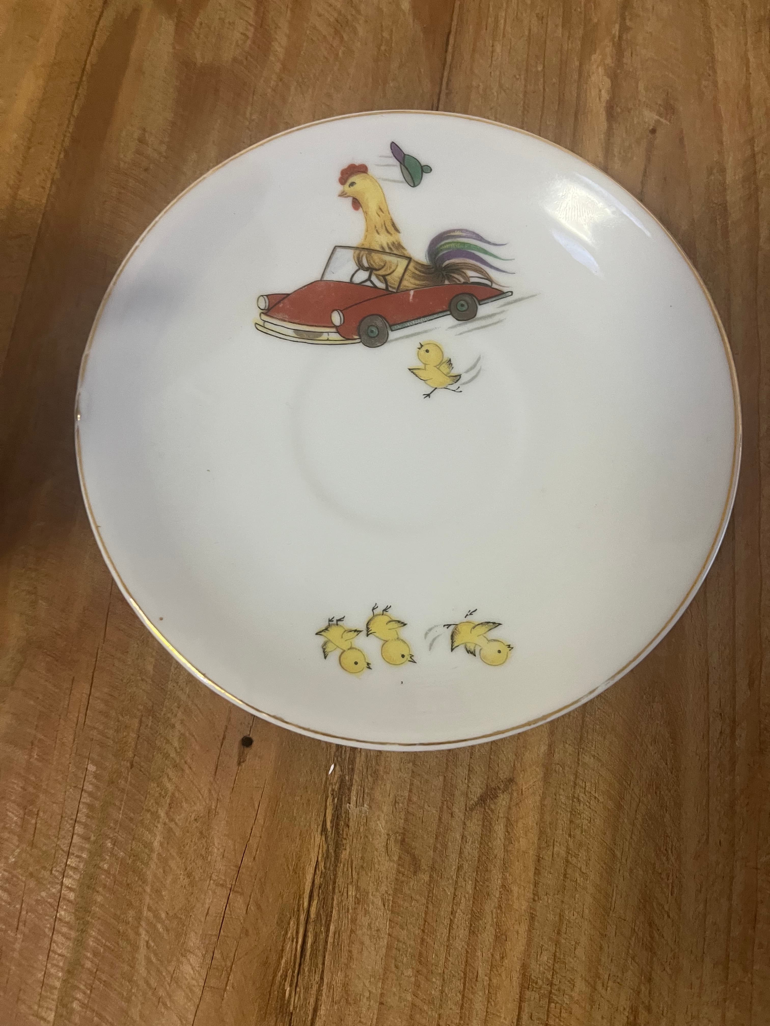 Vintage Childs Teacup And Saucer Rooster Driving Car Motif - 1960's Japan — photo 5 of 10