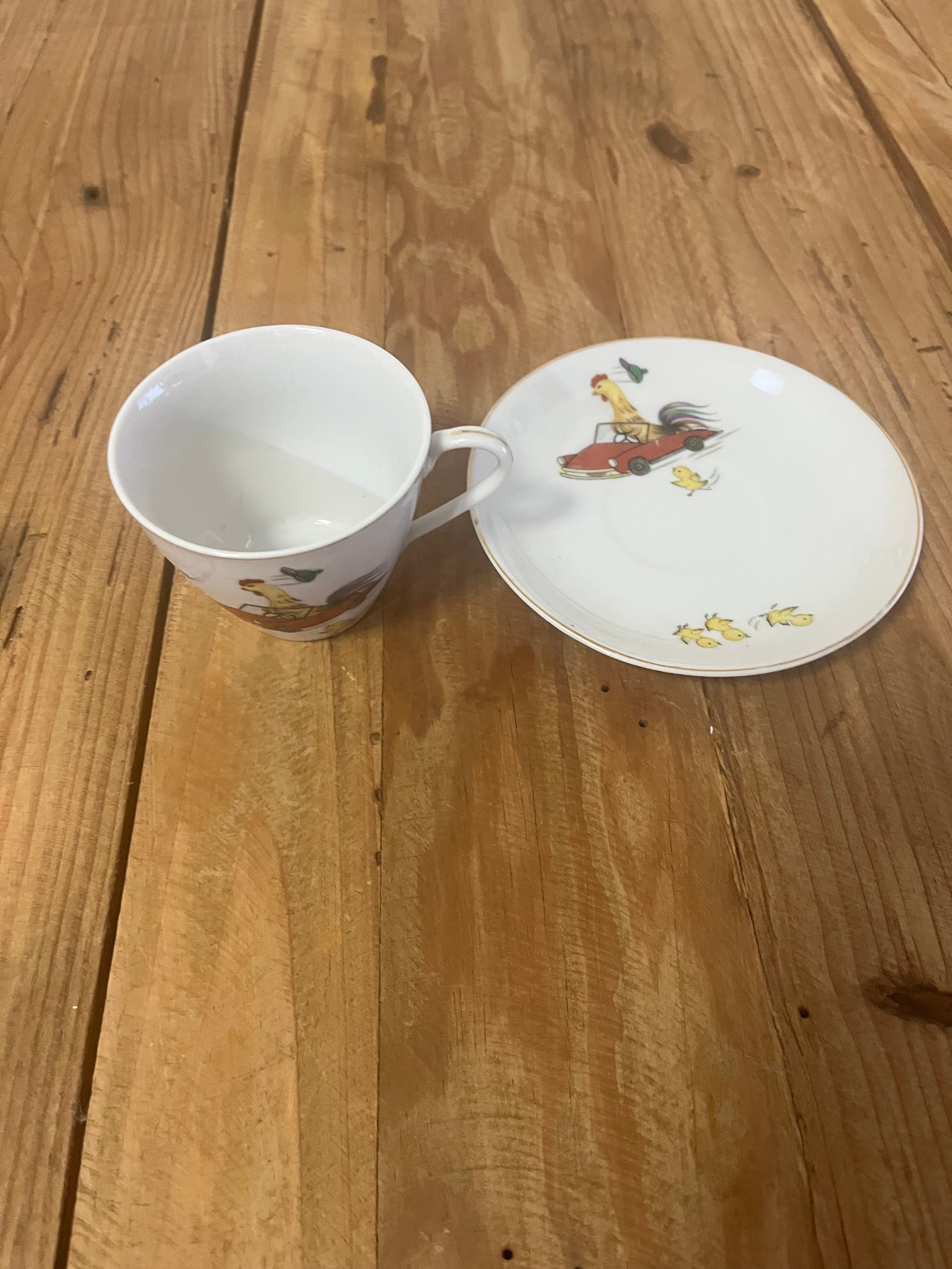 Vintage Childs Teacup And Saucer Rooster Driving Car Motif - 1960's Japan — photo 6 of 10