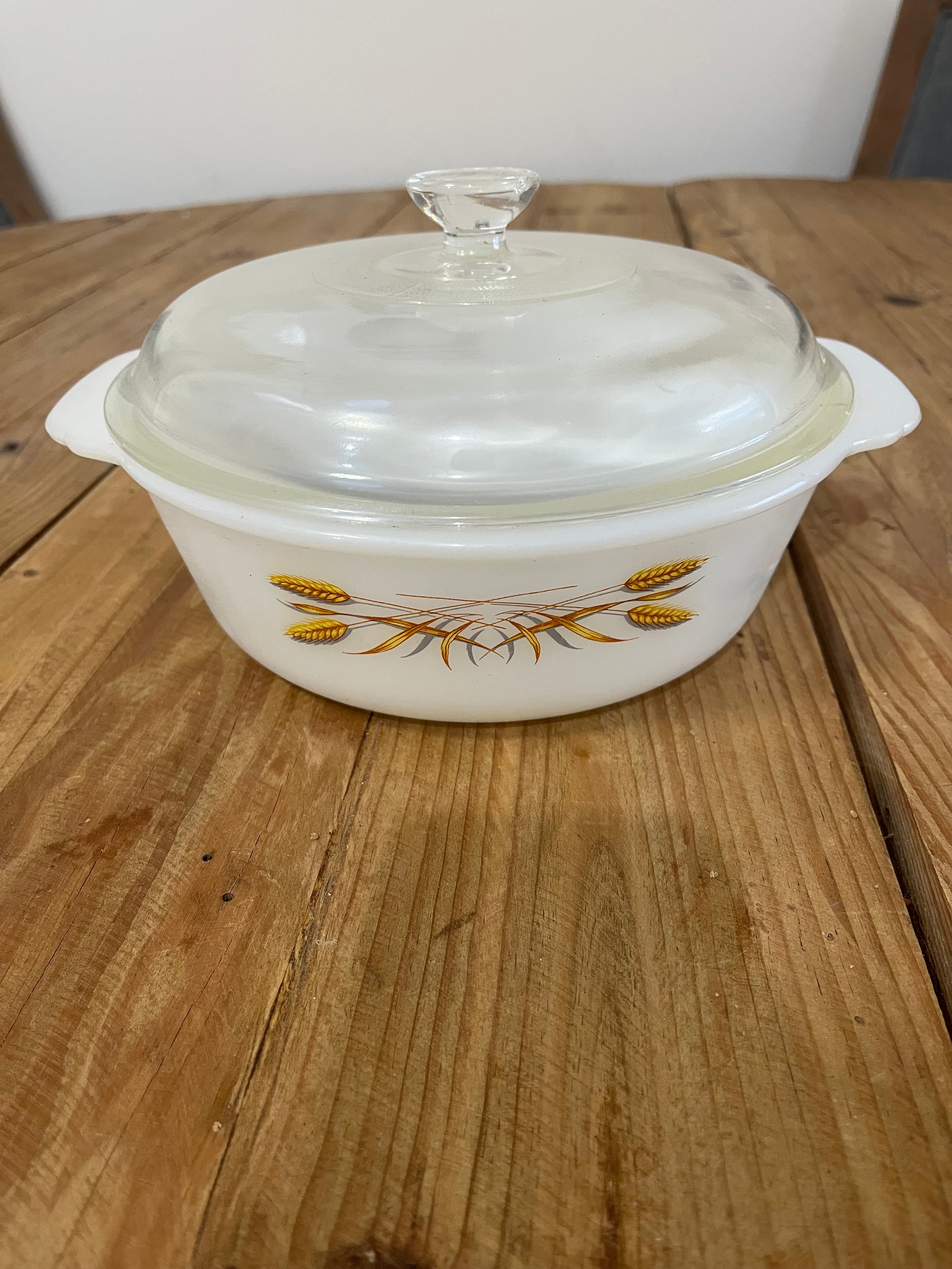 Vintage Fire King Golden Wheat Casserole Dish with Lid 1 1-2 Qt Round Baking Dish — photo 1 of 3