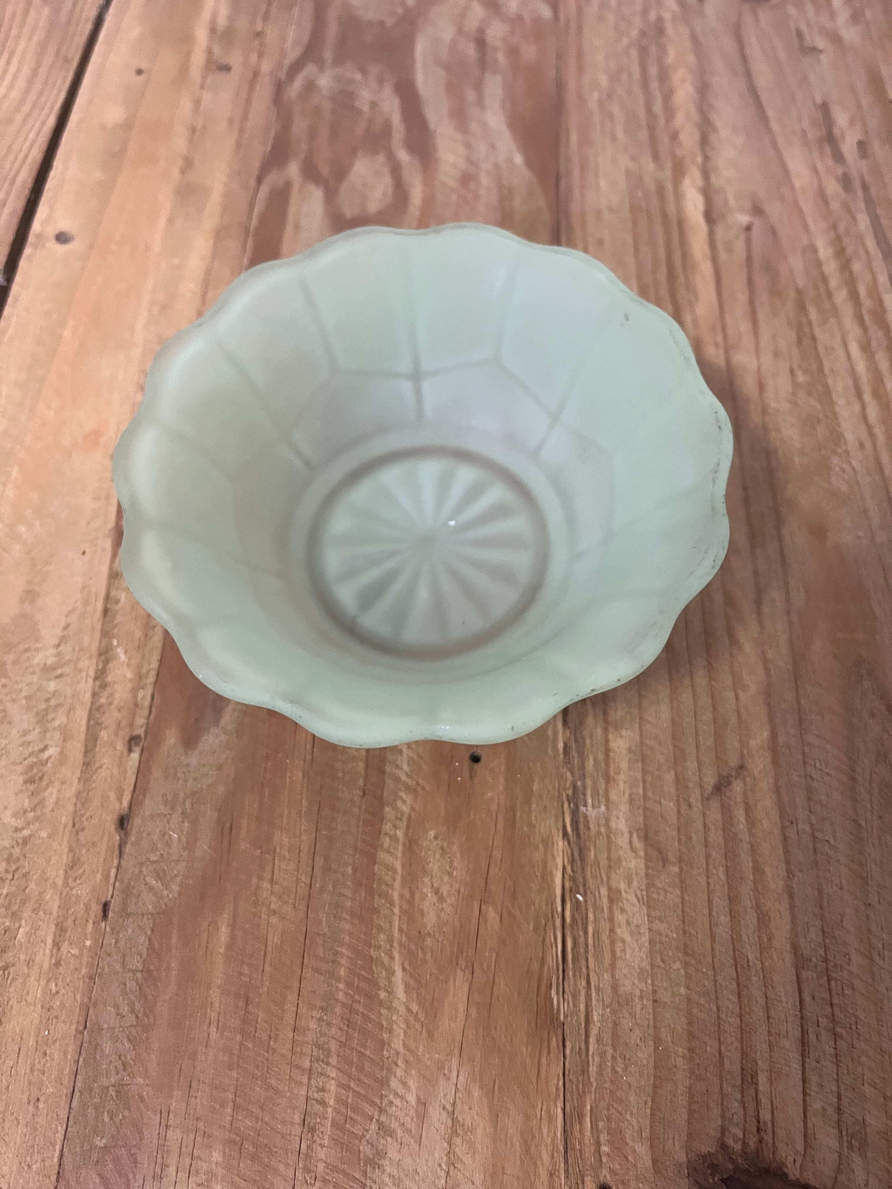 Vintage Frosted Green Satin Glass Scalloped Edge Bowl With Starburst Pattern — photo 1 of 4