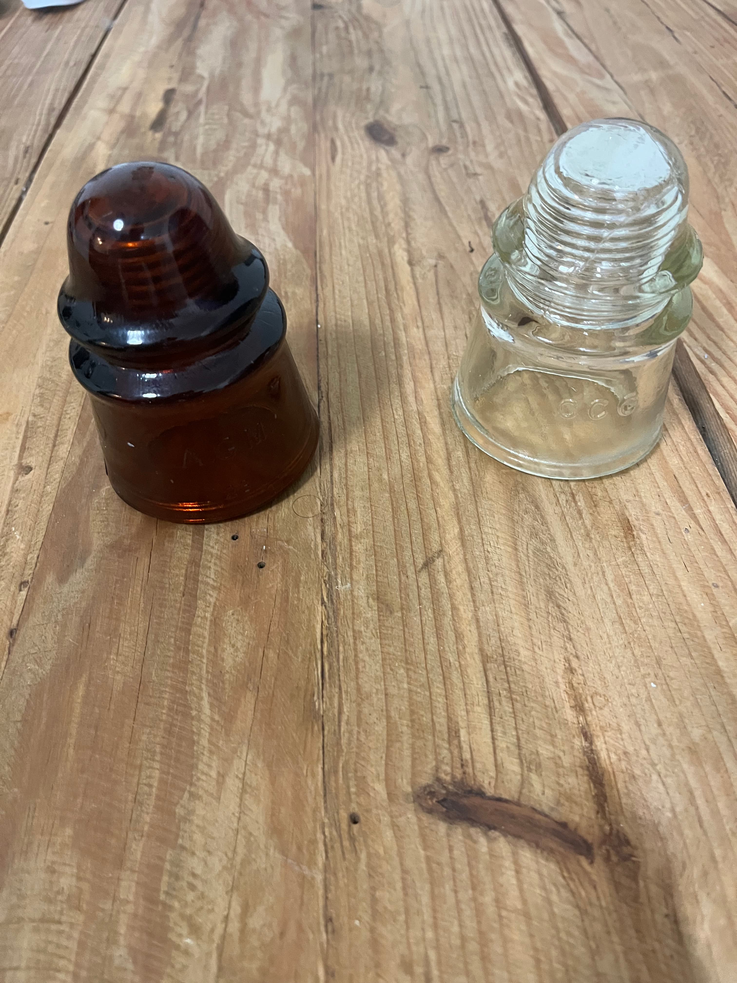 Vintage Glass Telegraph Insulators - AGM Brown & CCG Clear Pair — photo 1 of 10