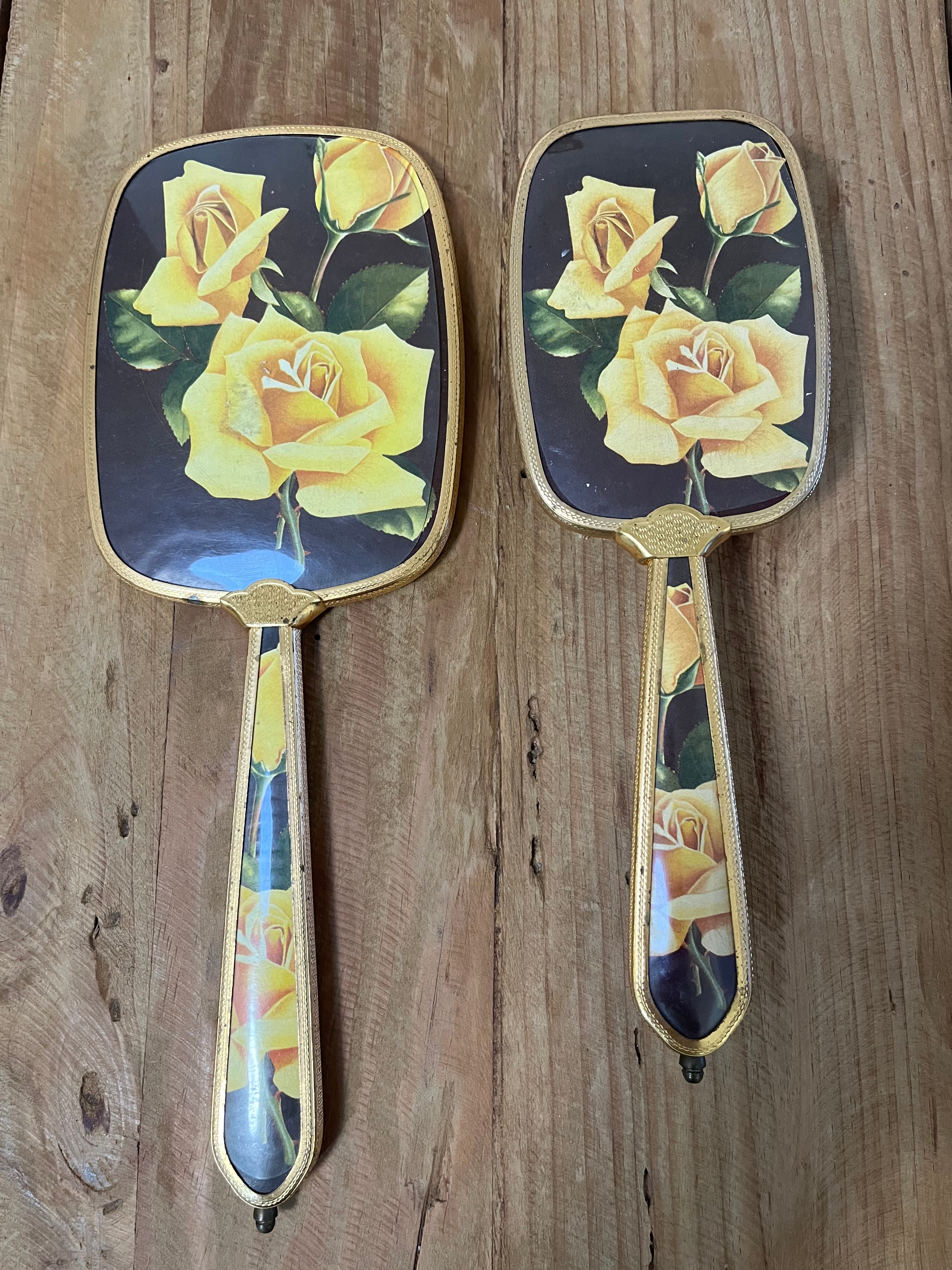 Vintage Gold Tone Hand Mirror and Hairbrush Set Yellow Rose Floral — photo 1 of 4