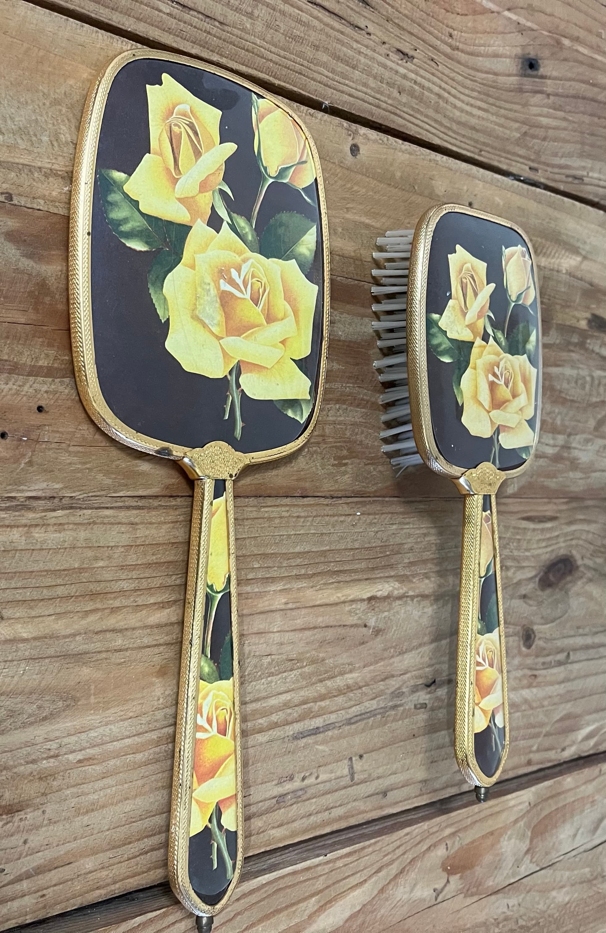 Vintage Gold Tone Hand Mirror and Hairbrush Set Yellow Rose Floral — photo 2 of 4