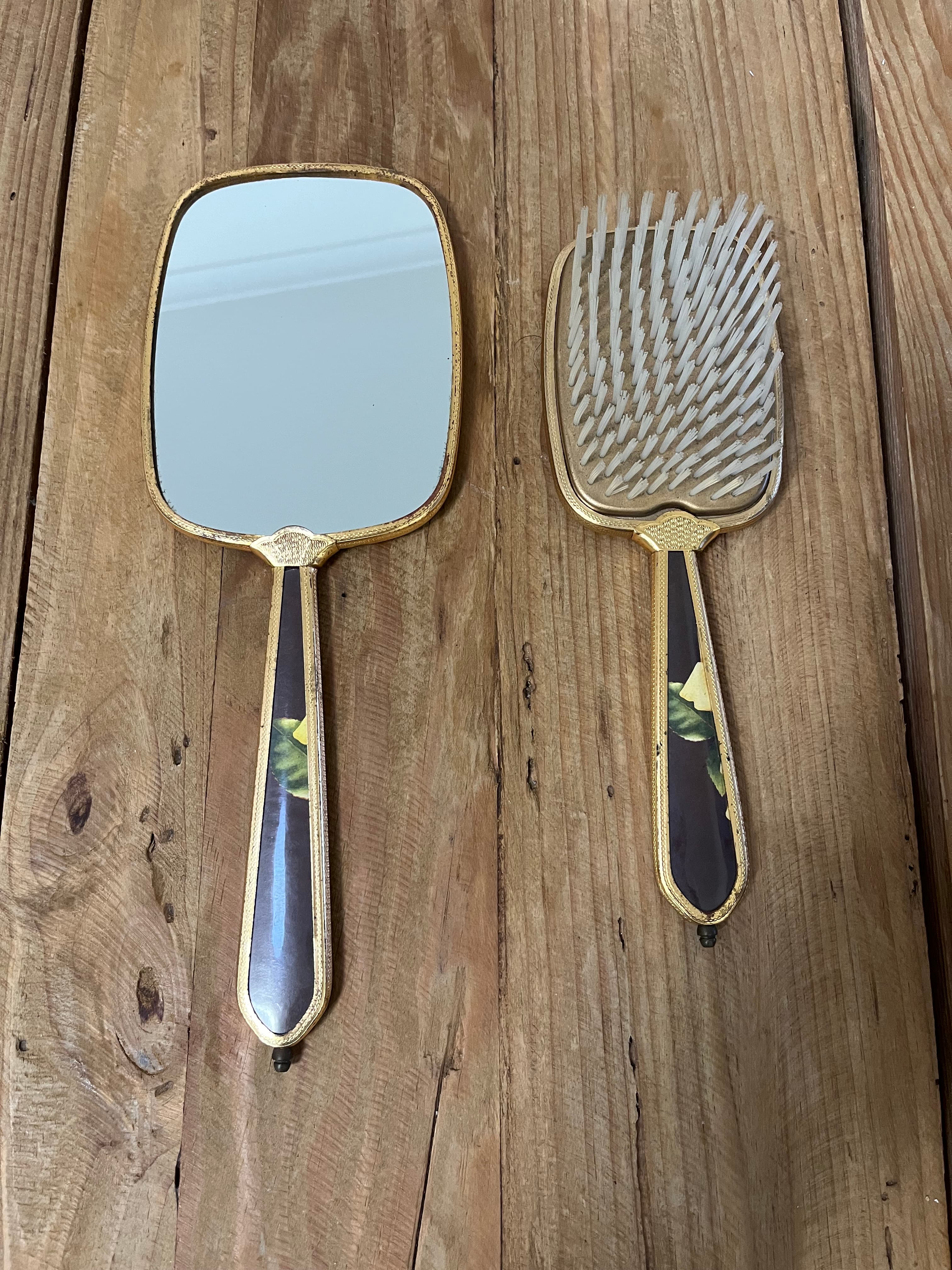 Vintage Gold Tone Hand Mirror and Hairbrush Set Yellow Rose Floral — photo 3 of 4