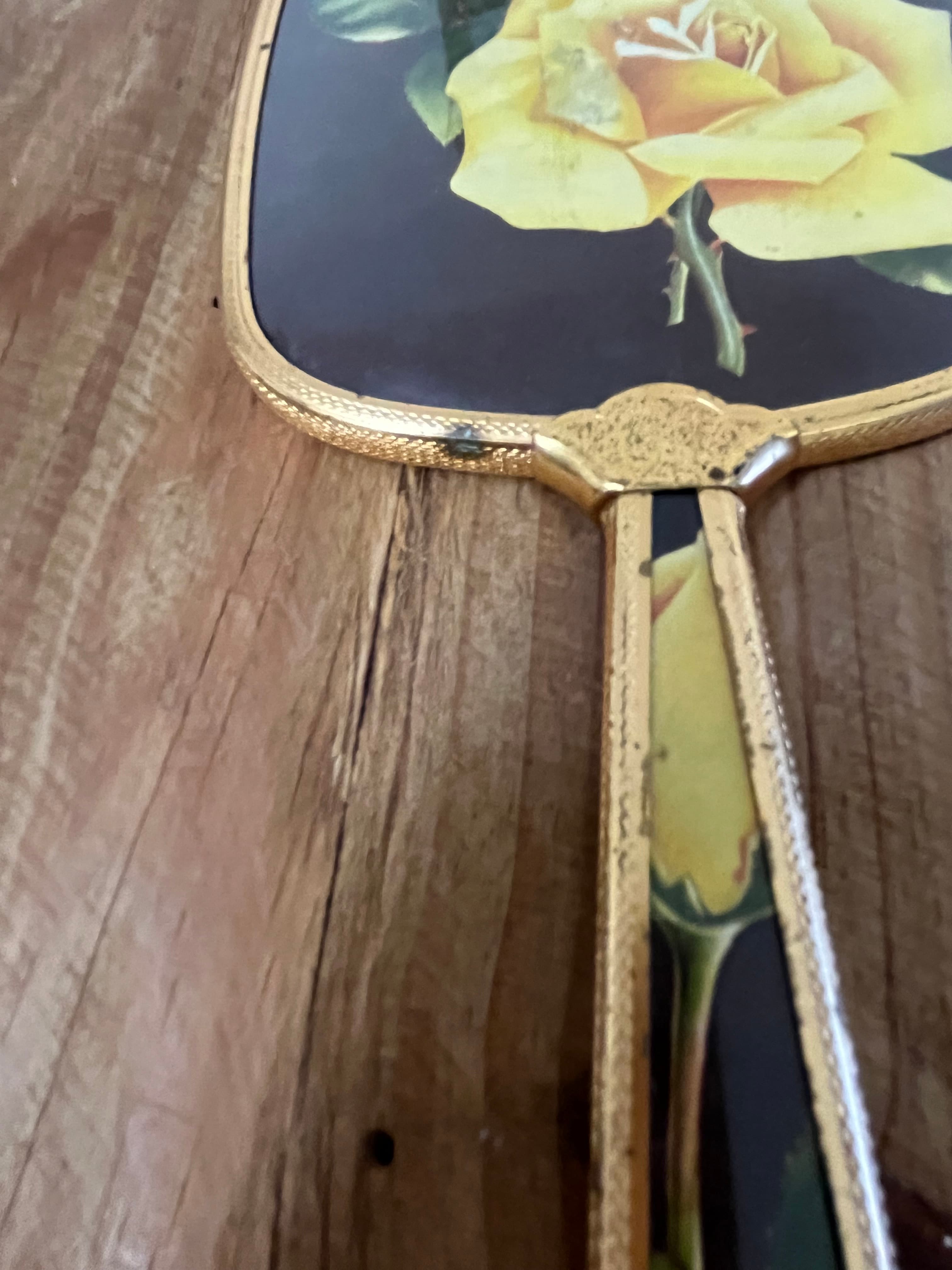 Vintage Gold Tone Hand Mirror and Hairbrush Set Yellow Rose Floral — photo 4 of 4