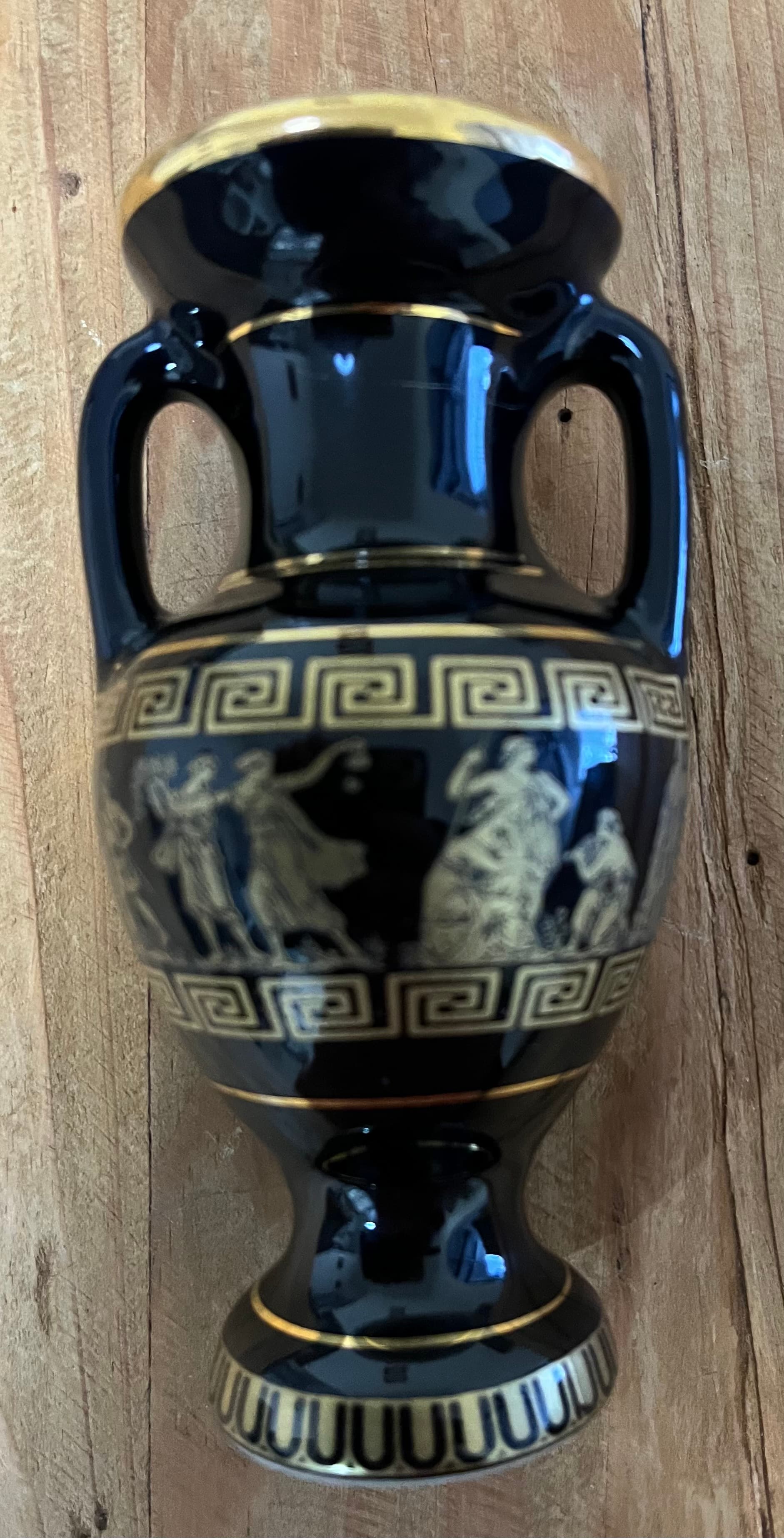 Vintage Greek Key Black And Gold Ceramic Amphora Vase 24k Gold — photo 1 of 6