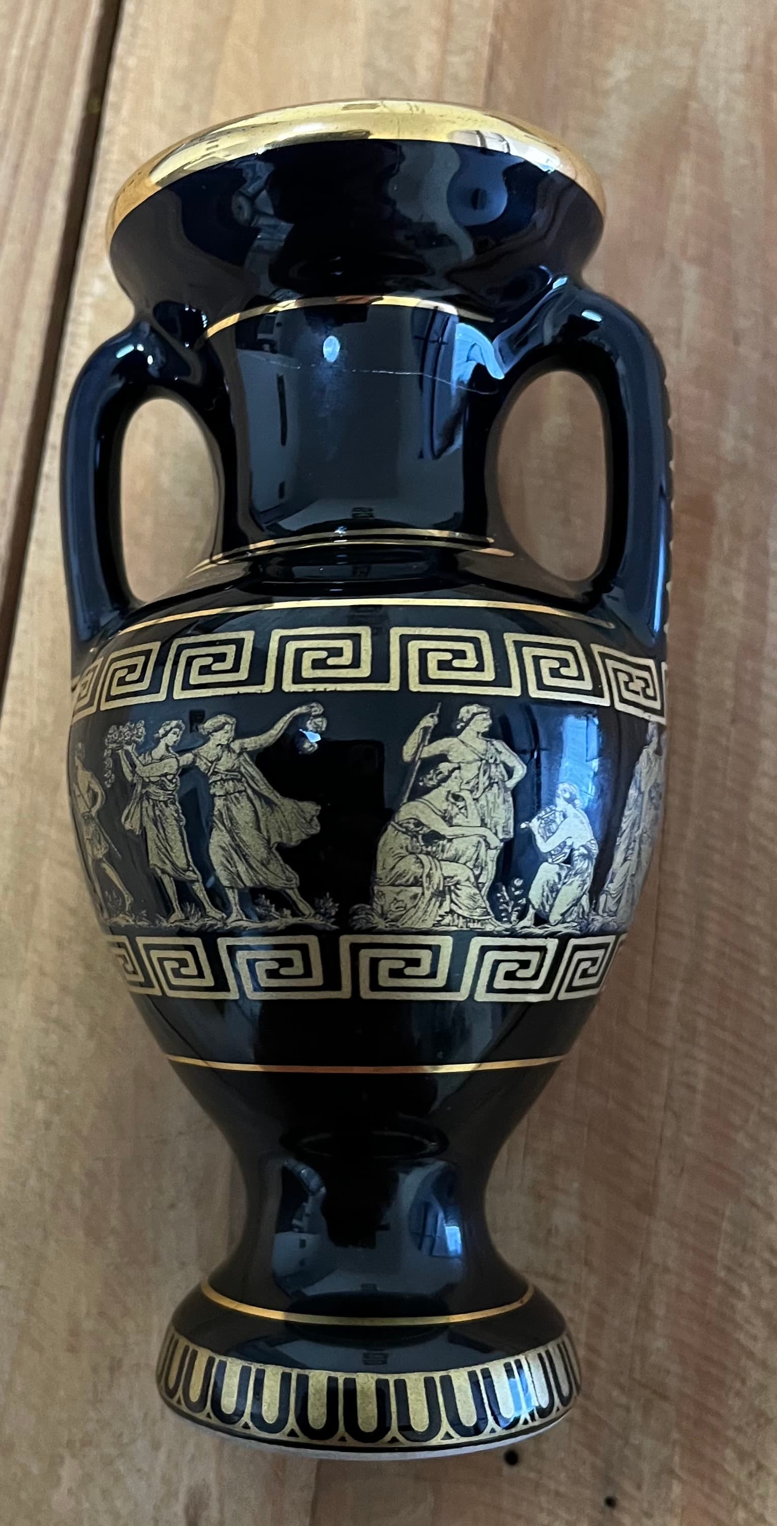 Vintage Greek Key Black And Gold Ceramic Amphora Vase 24k Gold — photo 2 of 6