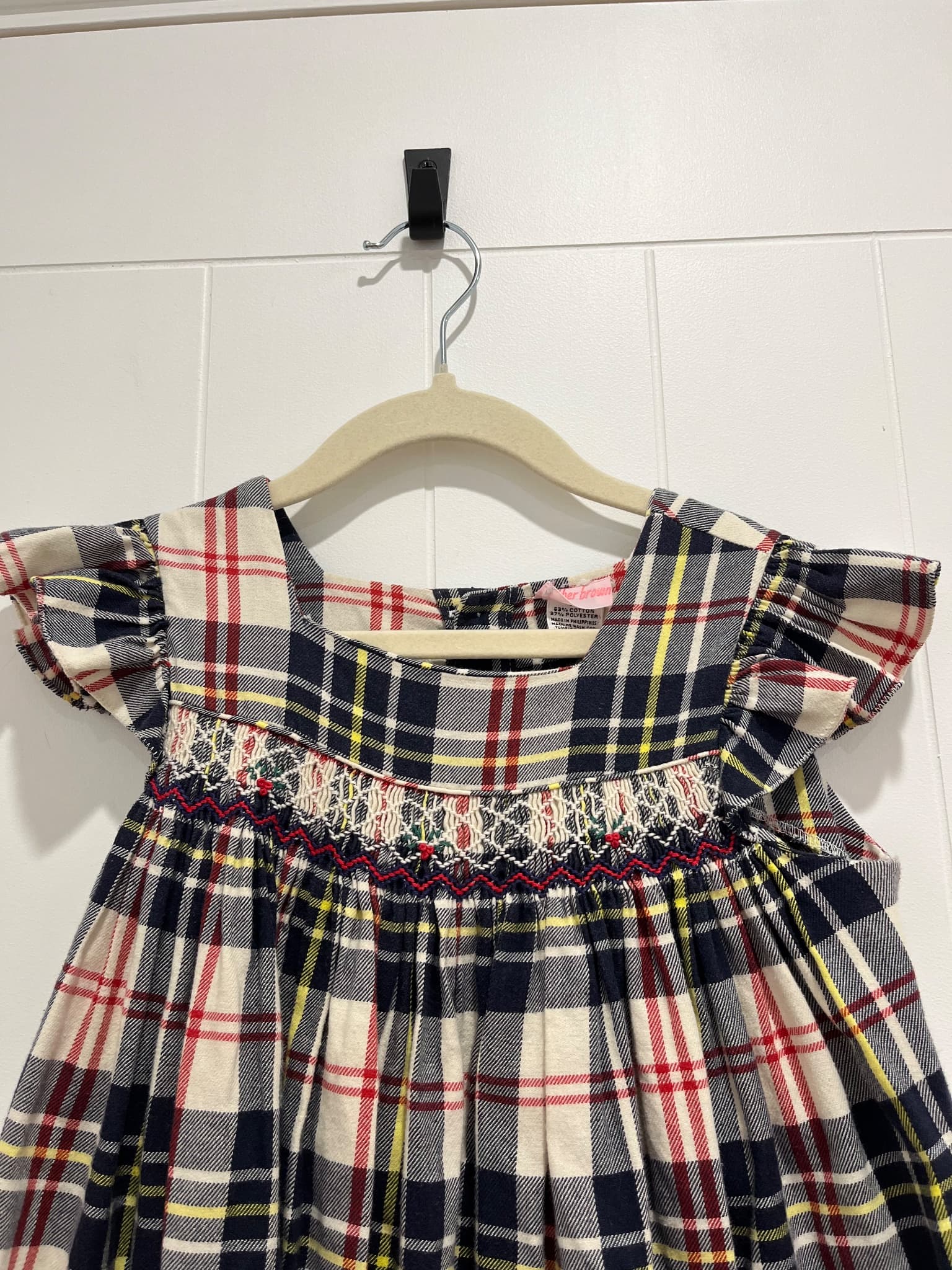 Vintage Heather Brown Girls Plaid Hand Smocked Flutter Sleeve Dress Size 3Y — photo 2 of 7