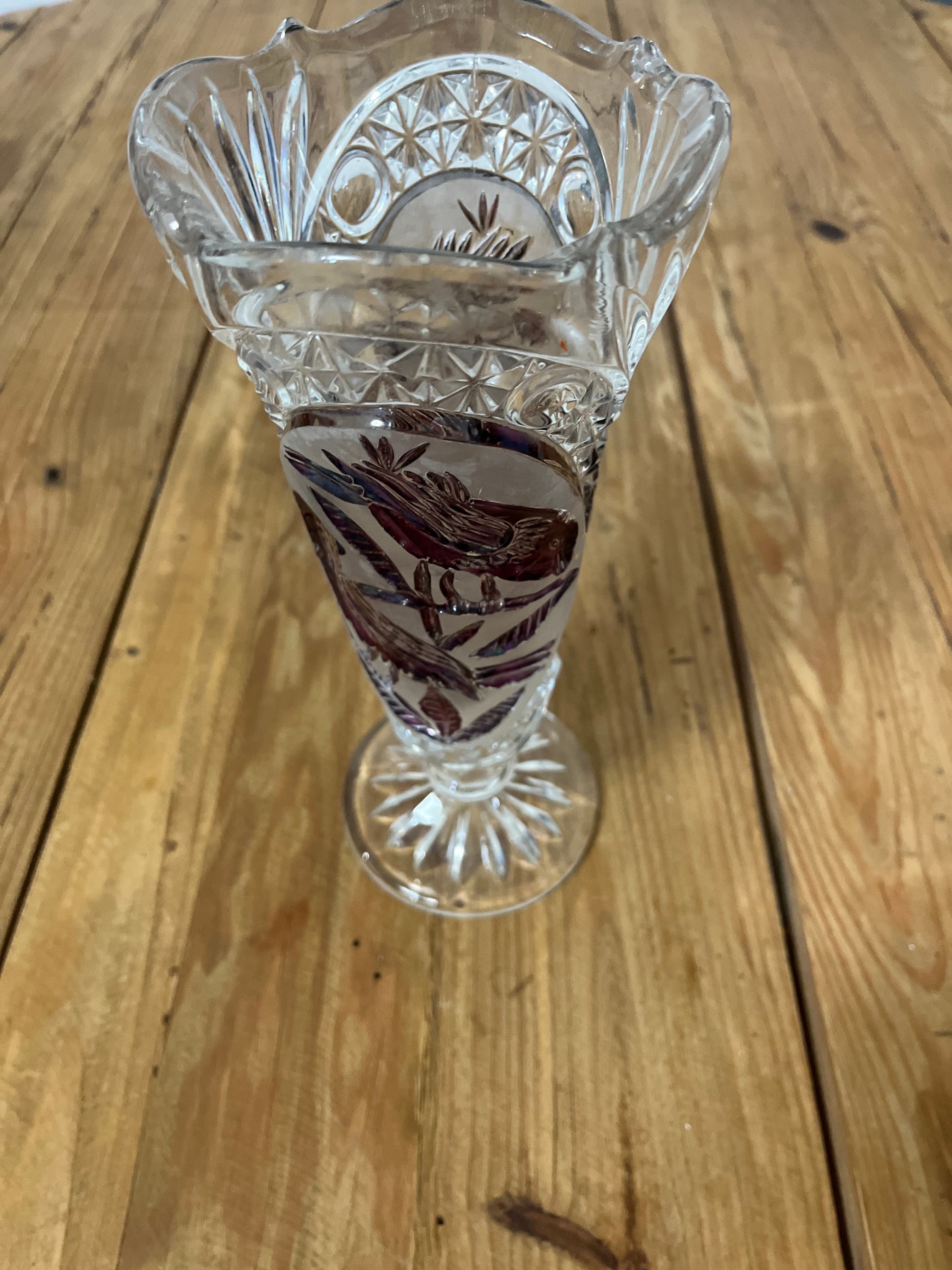 Vintage Hofbauer Byrdes Crystal Vase With Frosted Bird Motif — photo 1 of 6