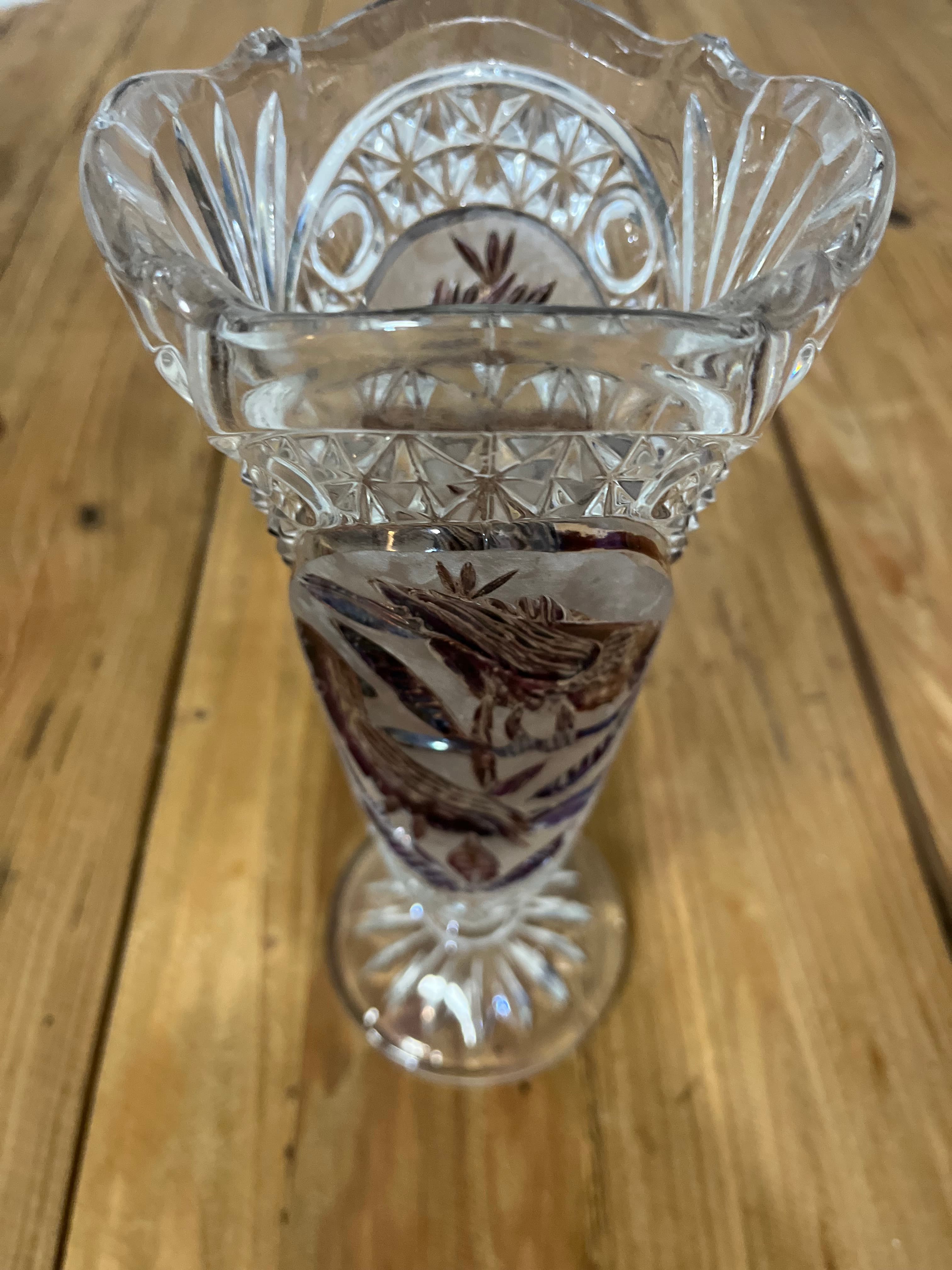 Vintage Hofbauer Byrdes Crystal Vase With Frosted Bird Motif — photo 3 of 6