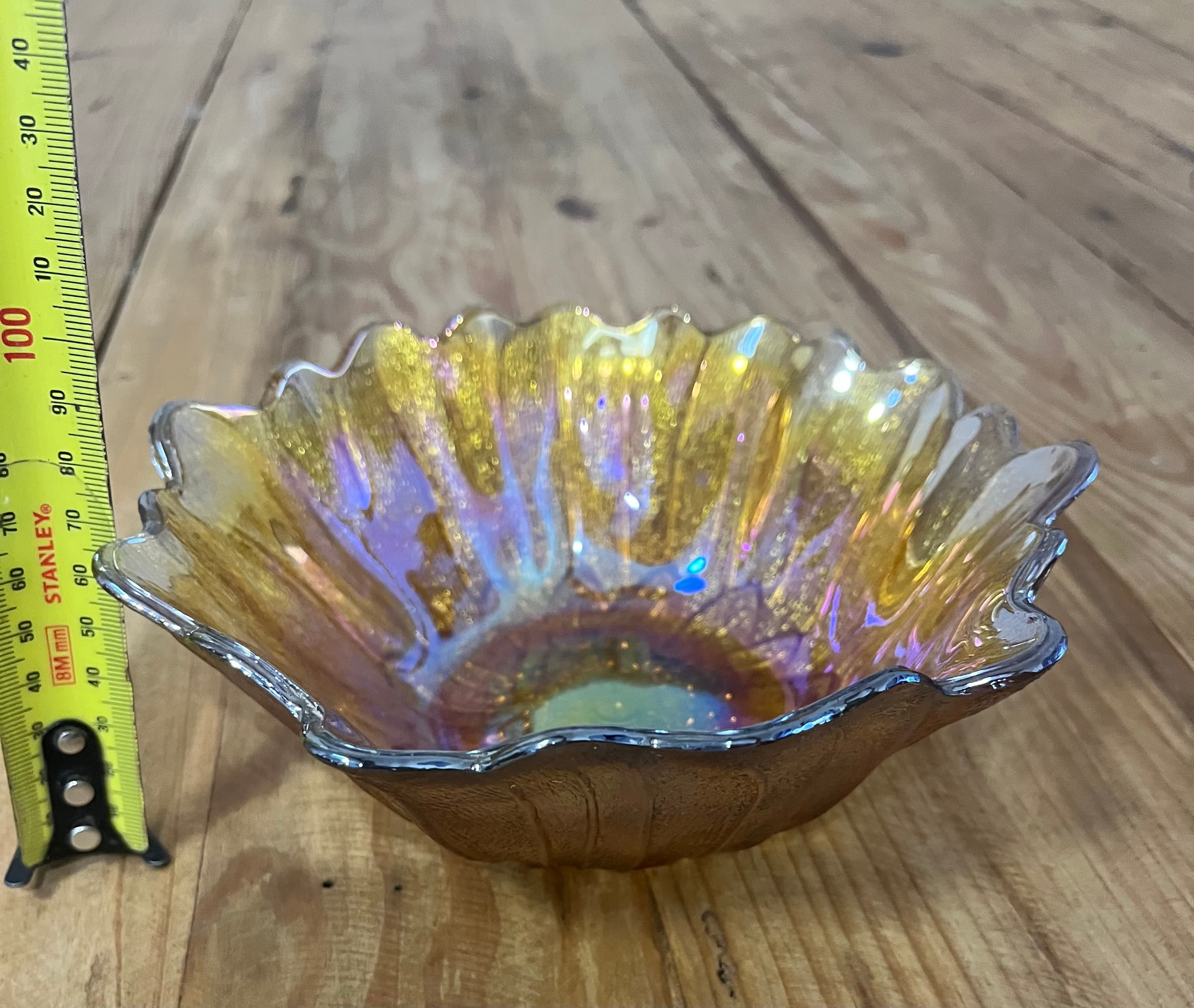 Vintage Marigold Carnival Glass Ruffled Bowl Iridescent Petal Pattern — photo 1 of 6