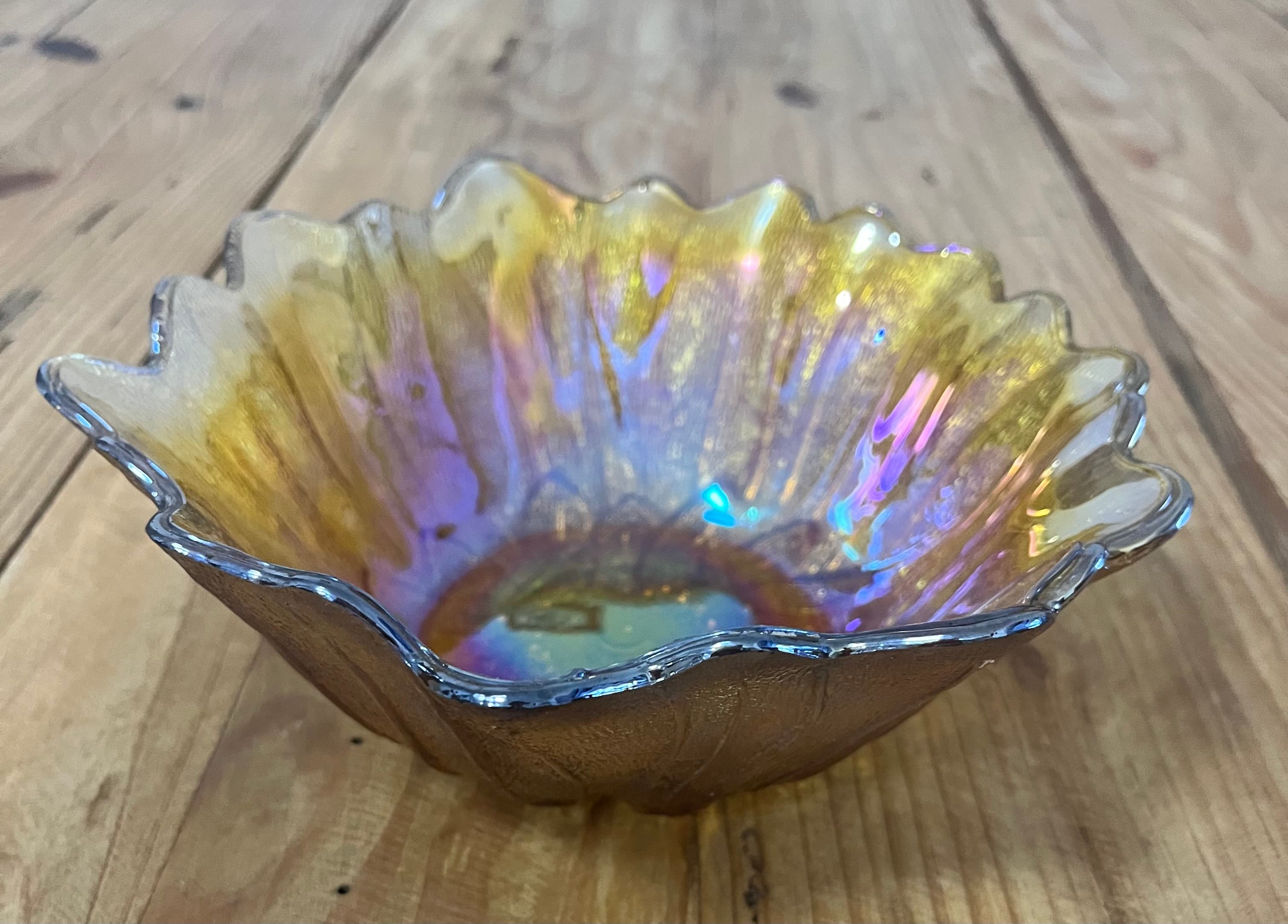 Vintage Marigold Carnival Glass Ruffled Bowl Iridescent Petal Pattern — photo 2 of 6