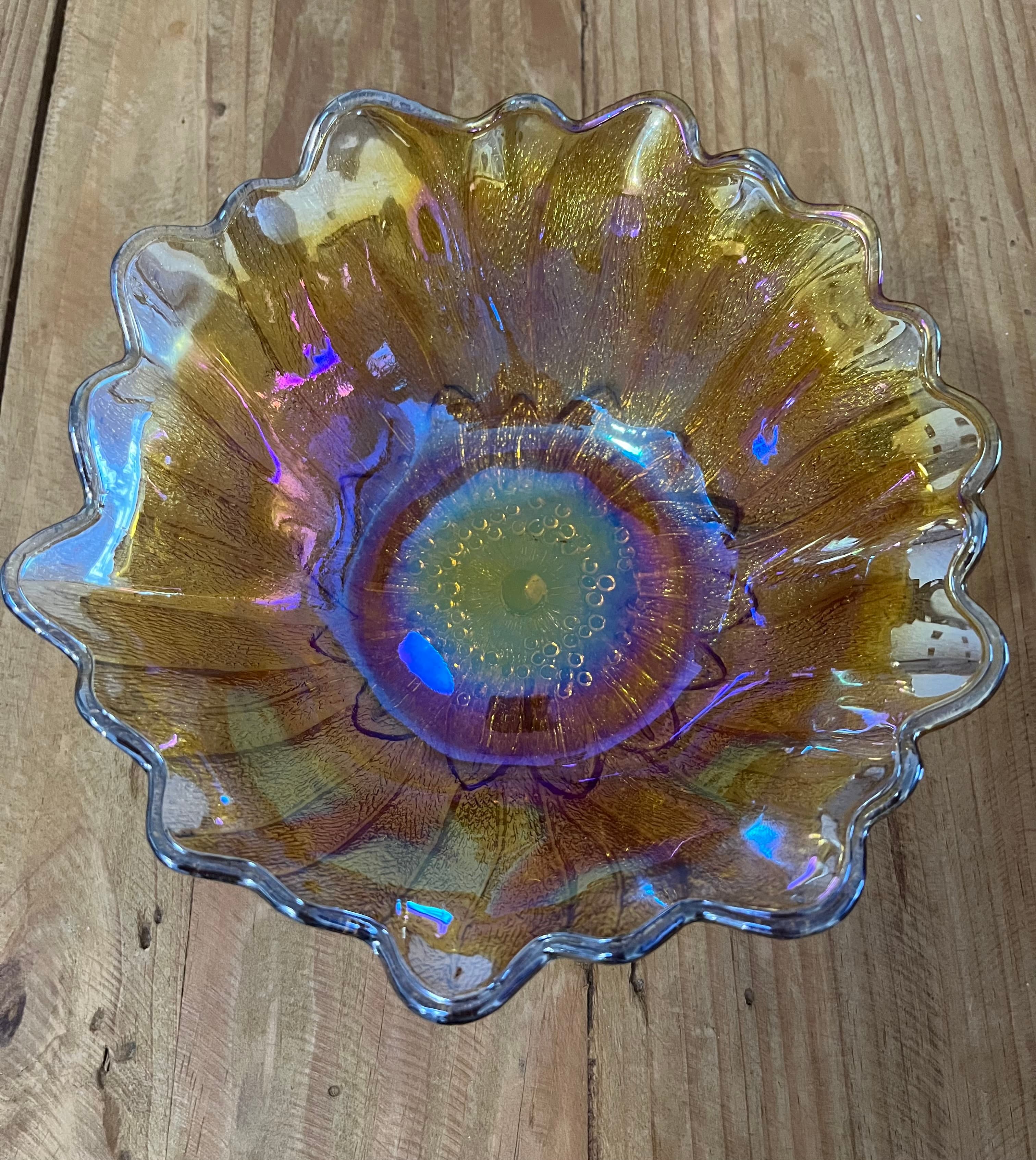 Vintage Marigold Carnival Glass Ruffled Bowl Iridescent Petal Pattern — photo 3 of 6