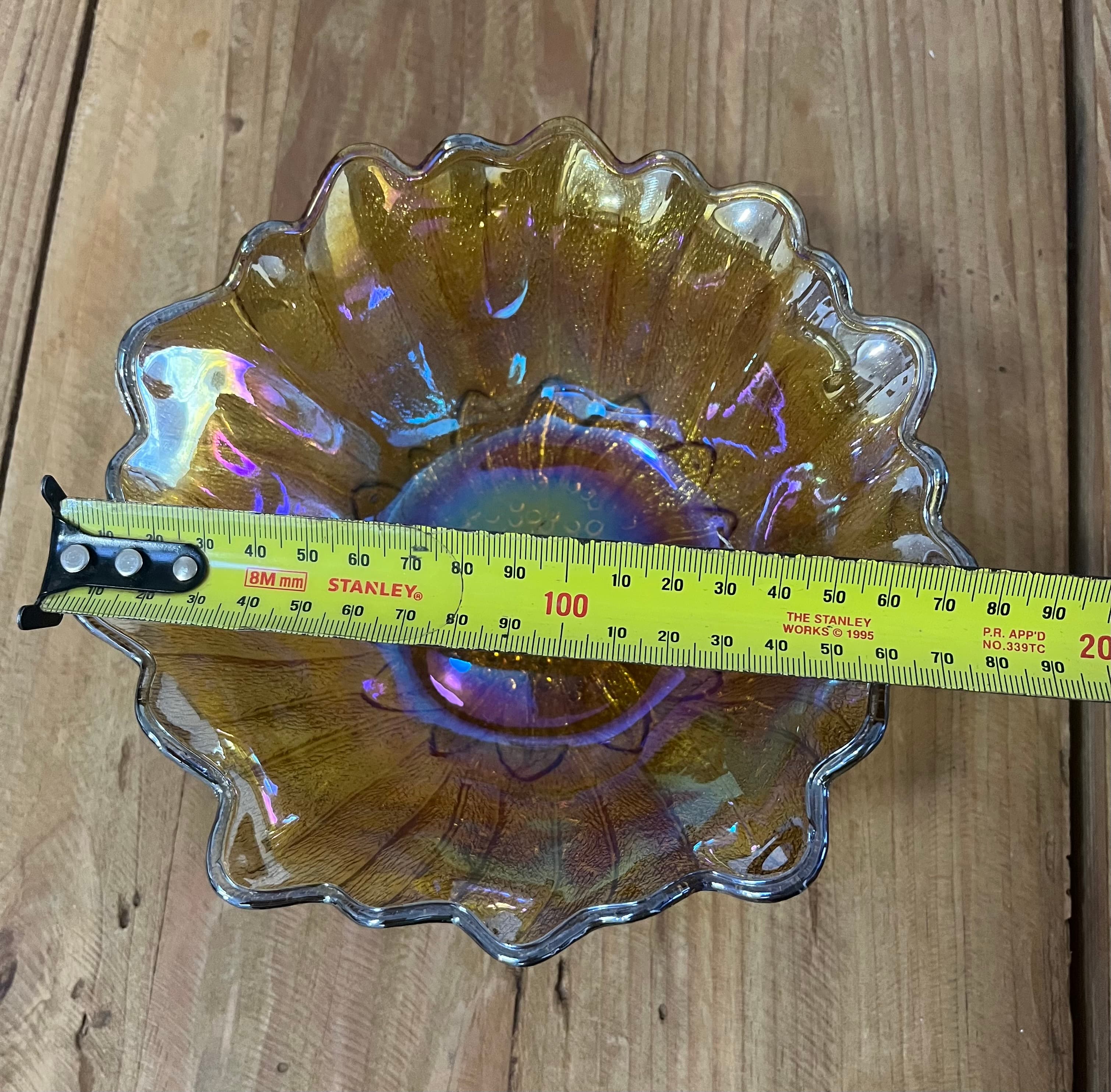 Vintage Marigold Carnival Glass Ruffled Bowl Iridescent Petal Pattern — photo 6 of 6