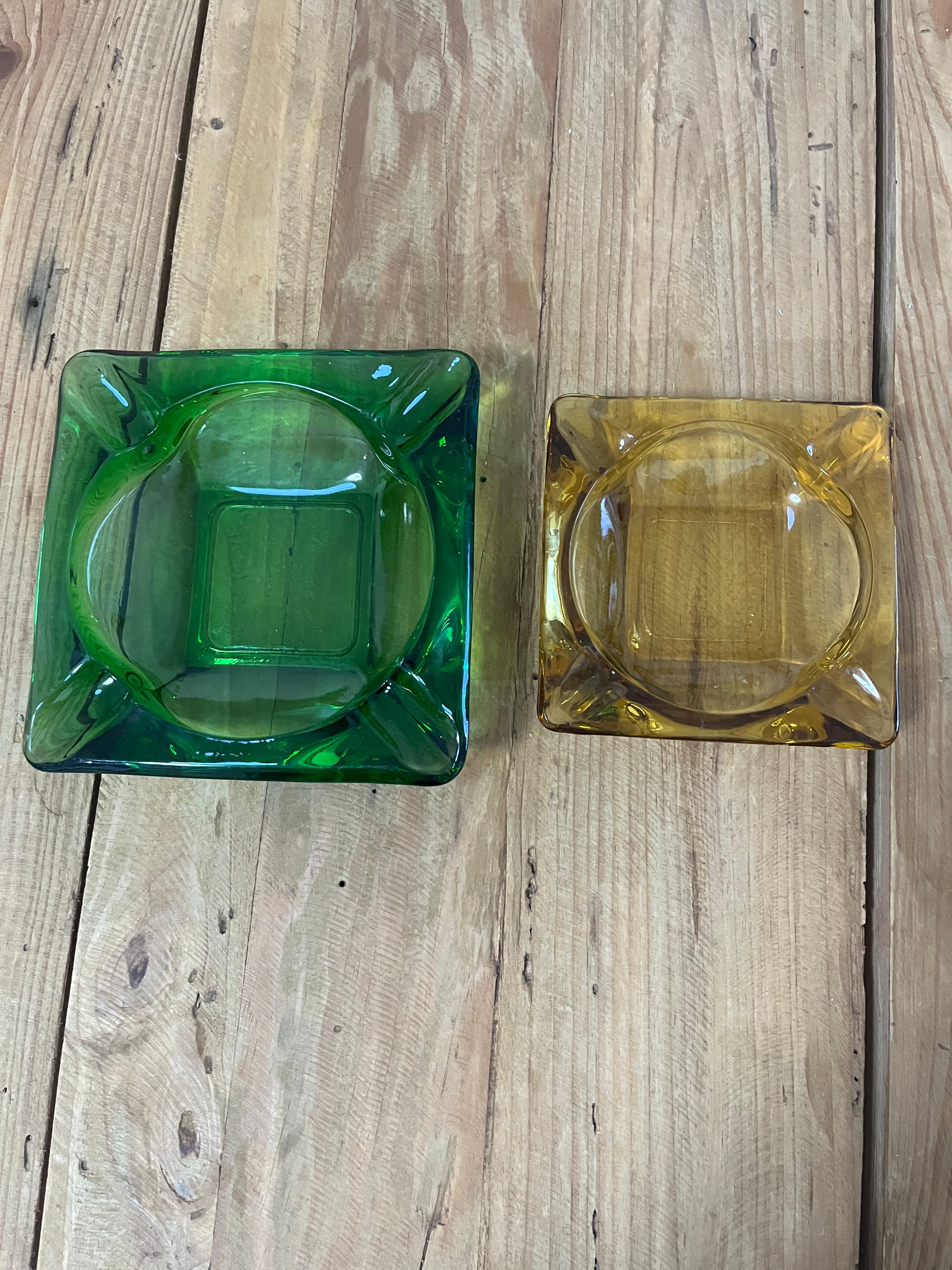 Vintage MCM Square Glass Ashtrays - Green & Amber Set — photo 1 of 10