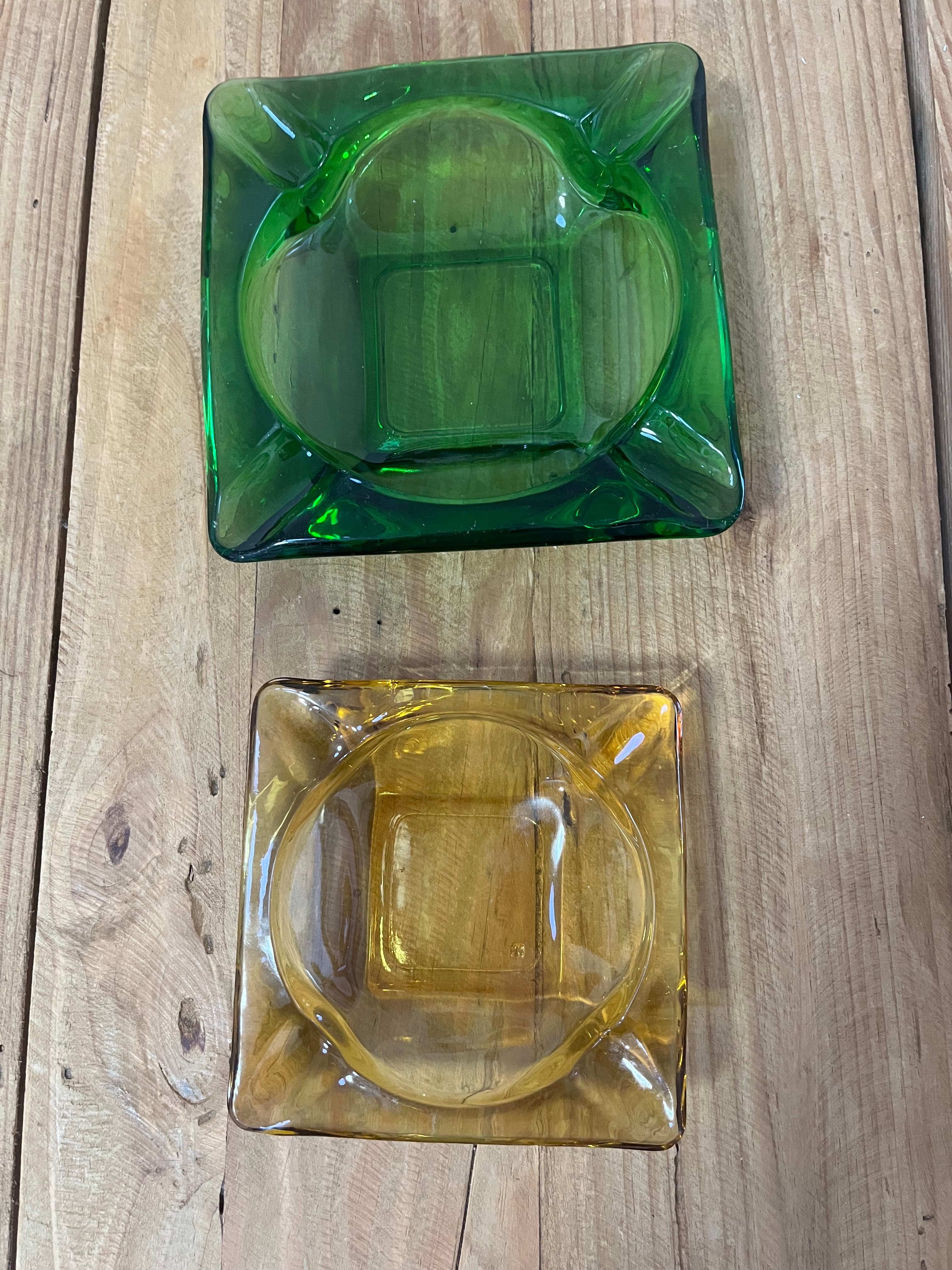 Vintage MCM Square Glass Ashtrays - Green & Amber Set — photo 2 of 10