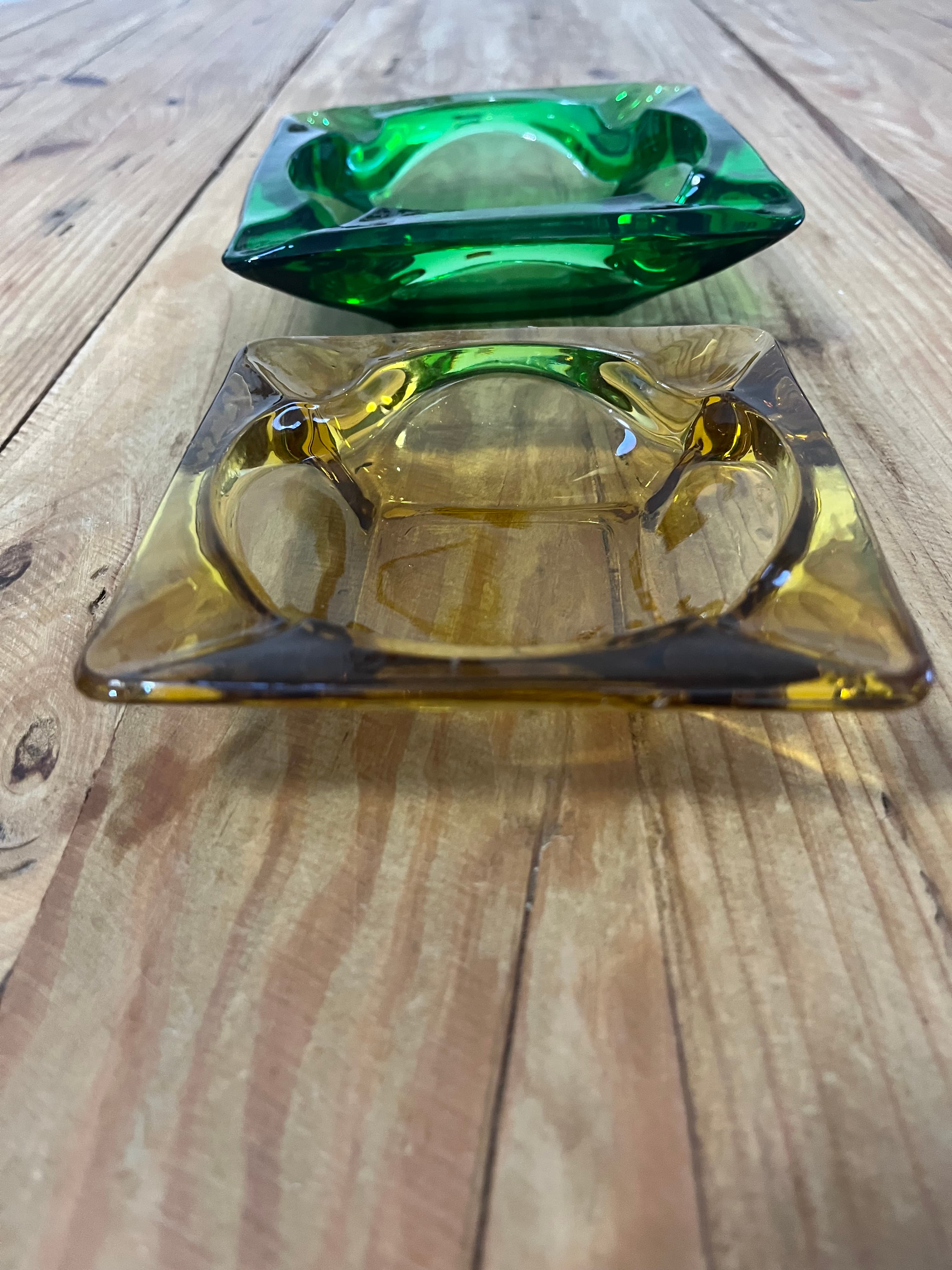 Vintage MCM Square Glass Ashtrays - Green & Amber Set — photo 3 of 10