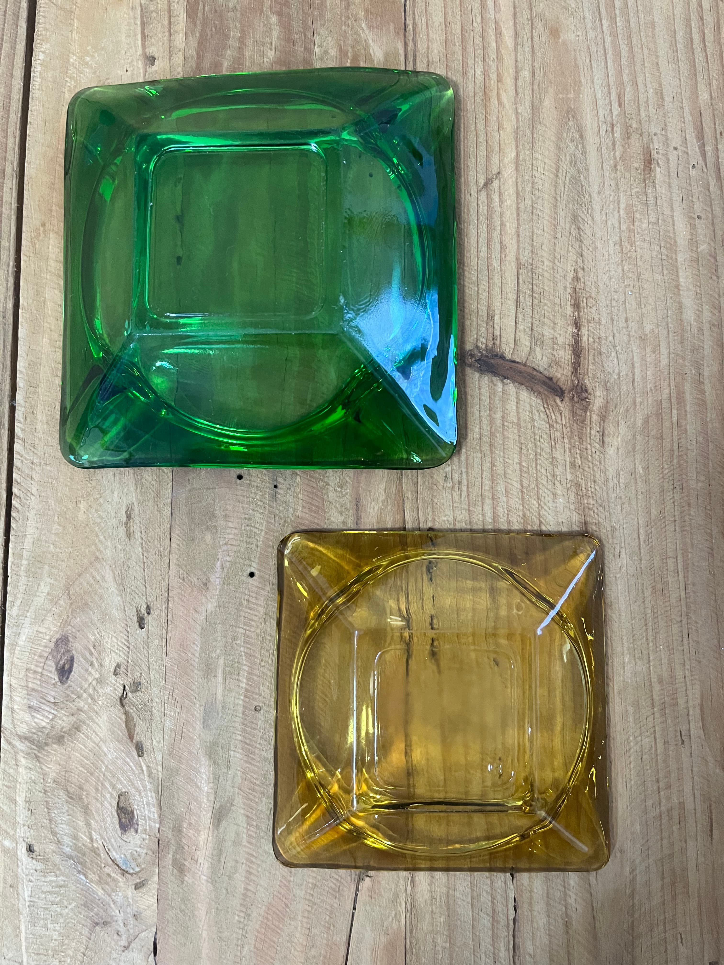 Vintage MCM Square Glass Ashtrays - Green & Amber Set — photo 4 of 10