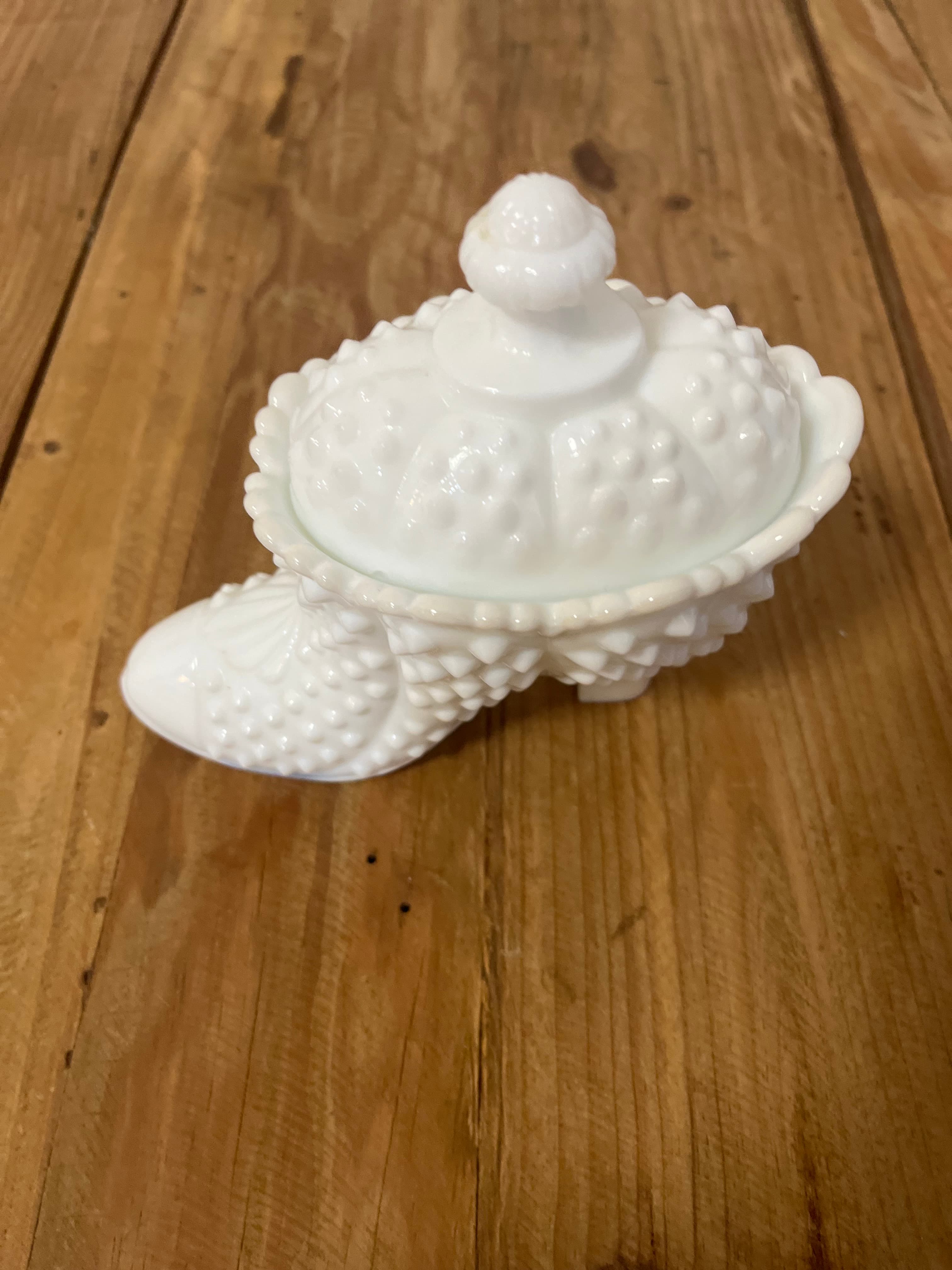 Vintage Fenton Milk Glass Hobnail Shoe Slipper Trinket Dish With Lid — photo 1 of 10