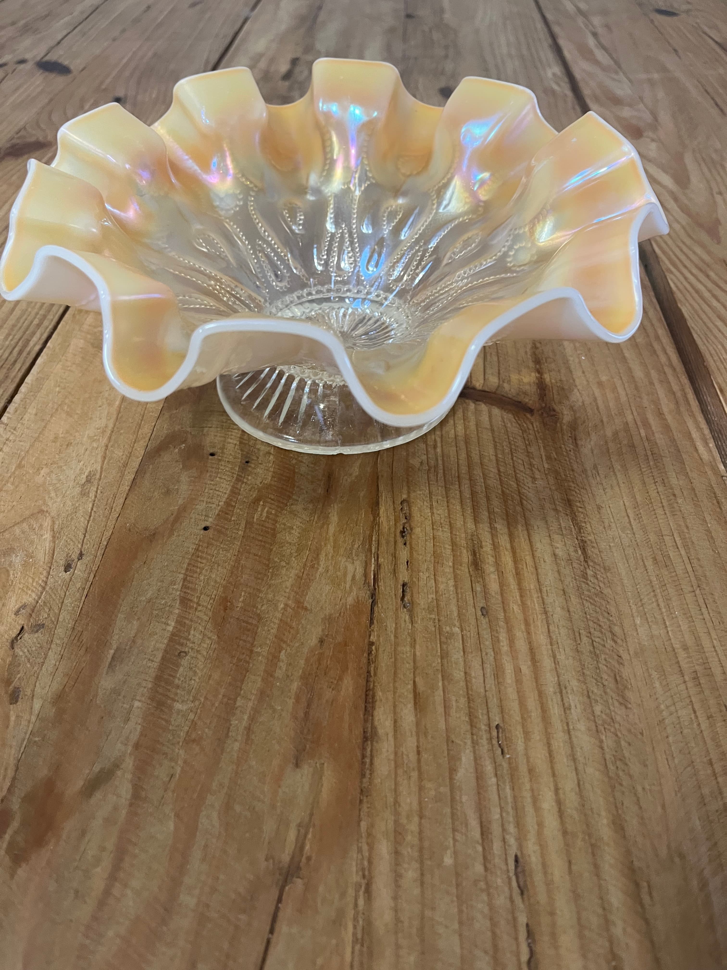 Vintage Peach opalescent carnival glass Ruffled Bowl in style of Dugan Glass Company similar to rainbow pattern — photo 1 of 6