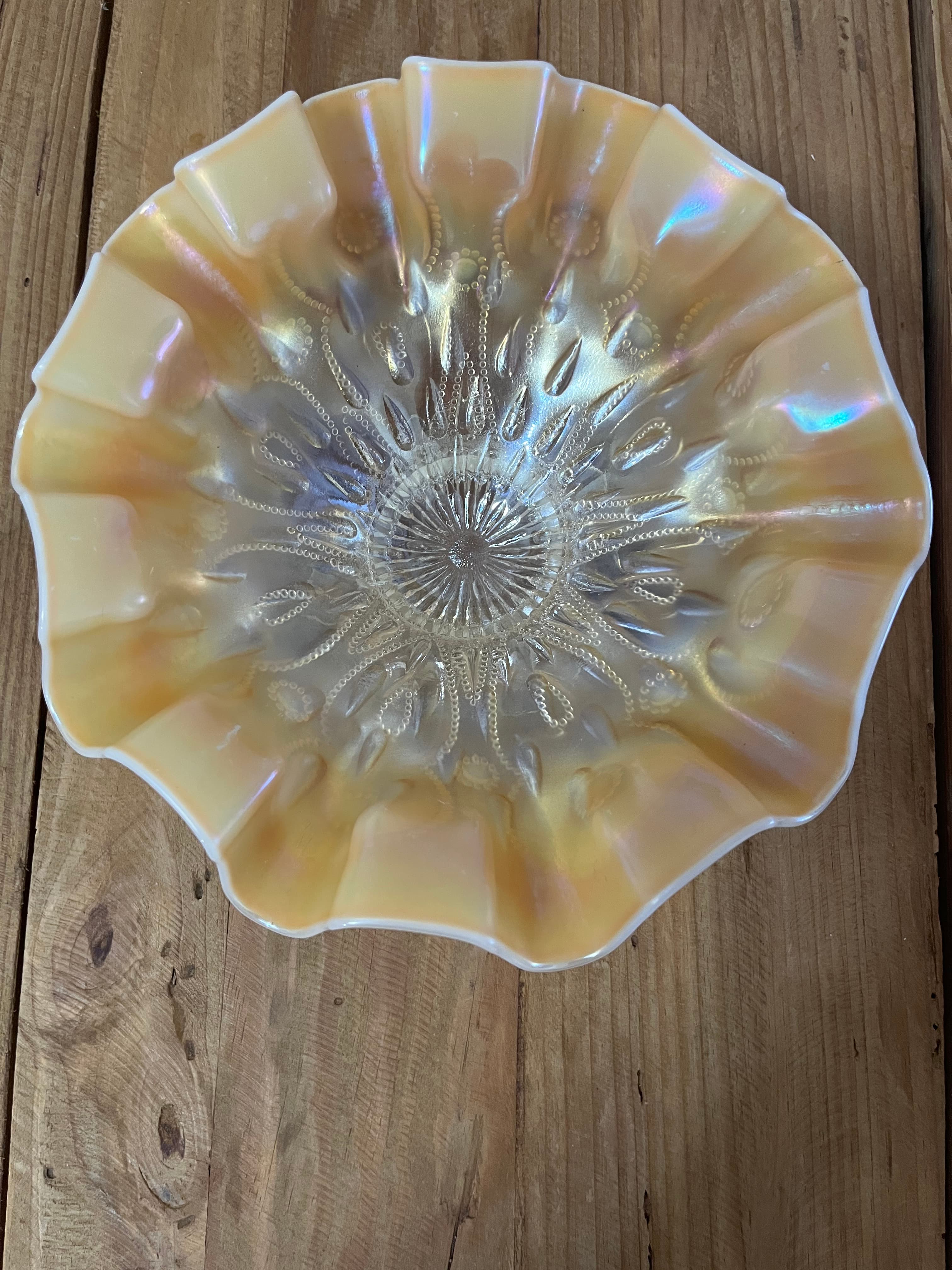 Vintage Peach opalescent carnival glass Ruffled Bowl in style of Dugan Glass Company similar to rainbow pattern — photo 2 of 6