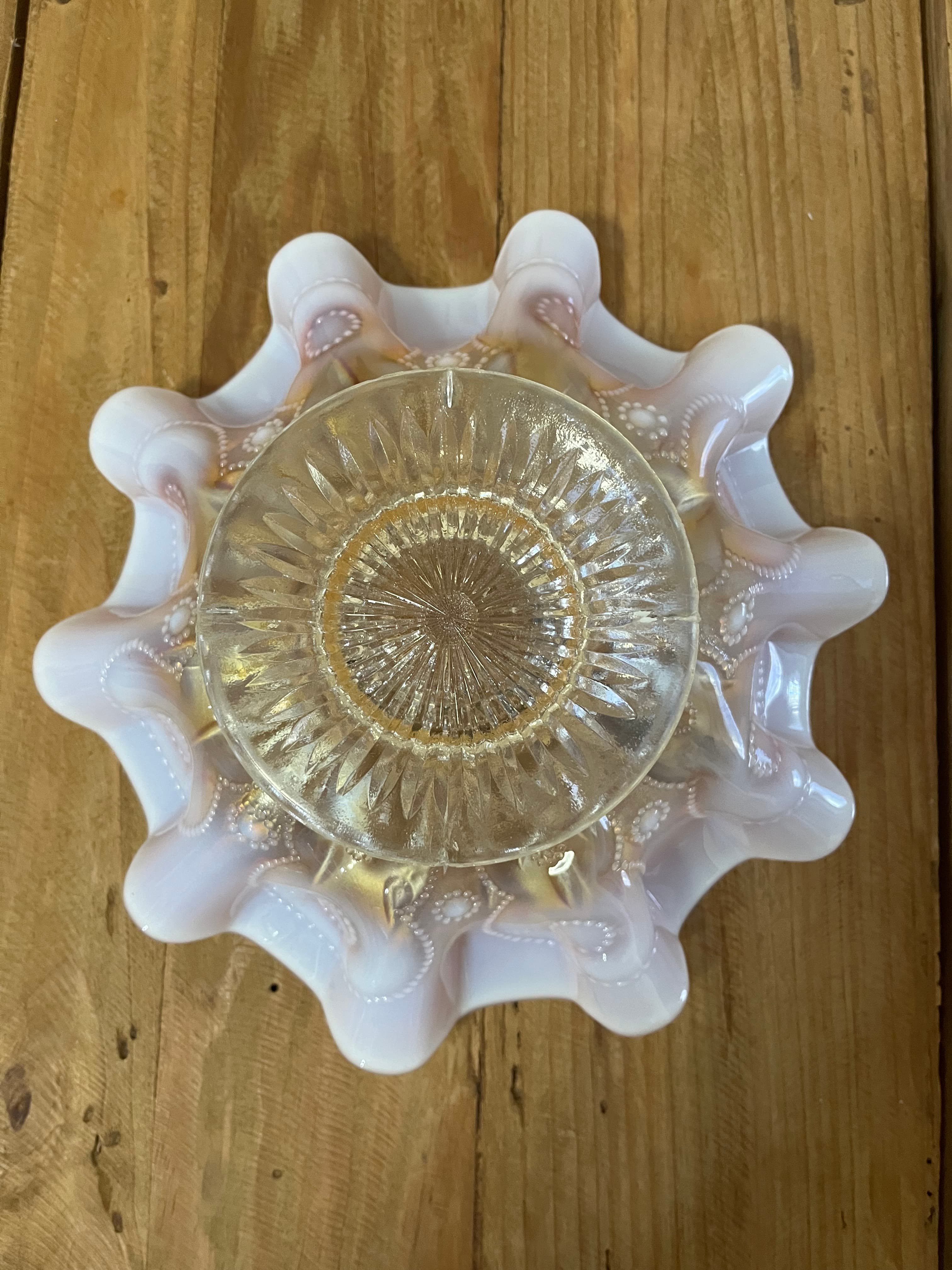Vintage Peach opalescent carnival glass Ruffled Bowl in style of Dugan Glass Company similar to rainbow pattern — photo 3 of 6