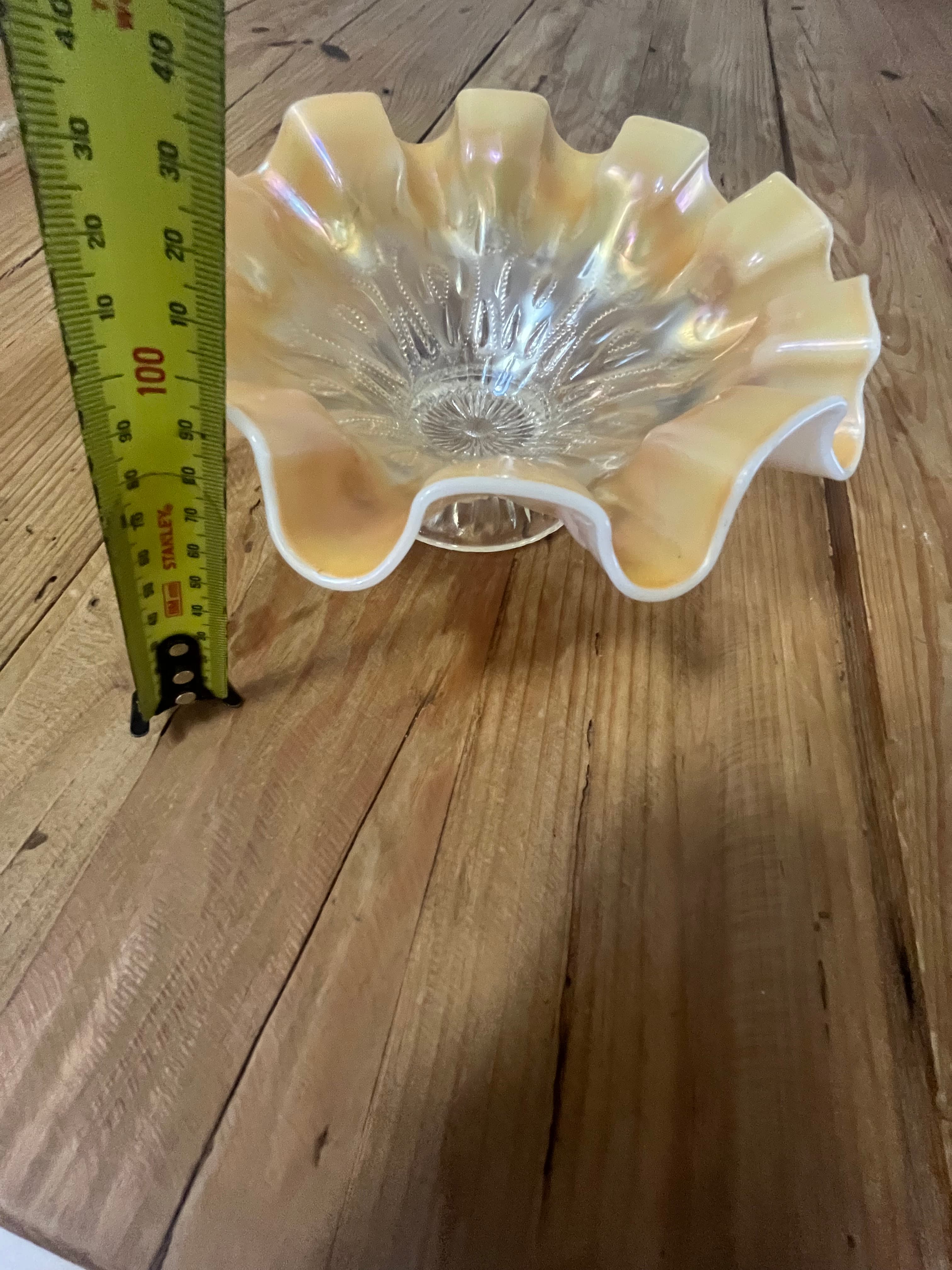 Vintage Peach opalescent carnival glass Ruffled Bowl in style of Dugan Glass Company similar to rainbow pattern — photo 4 of 6