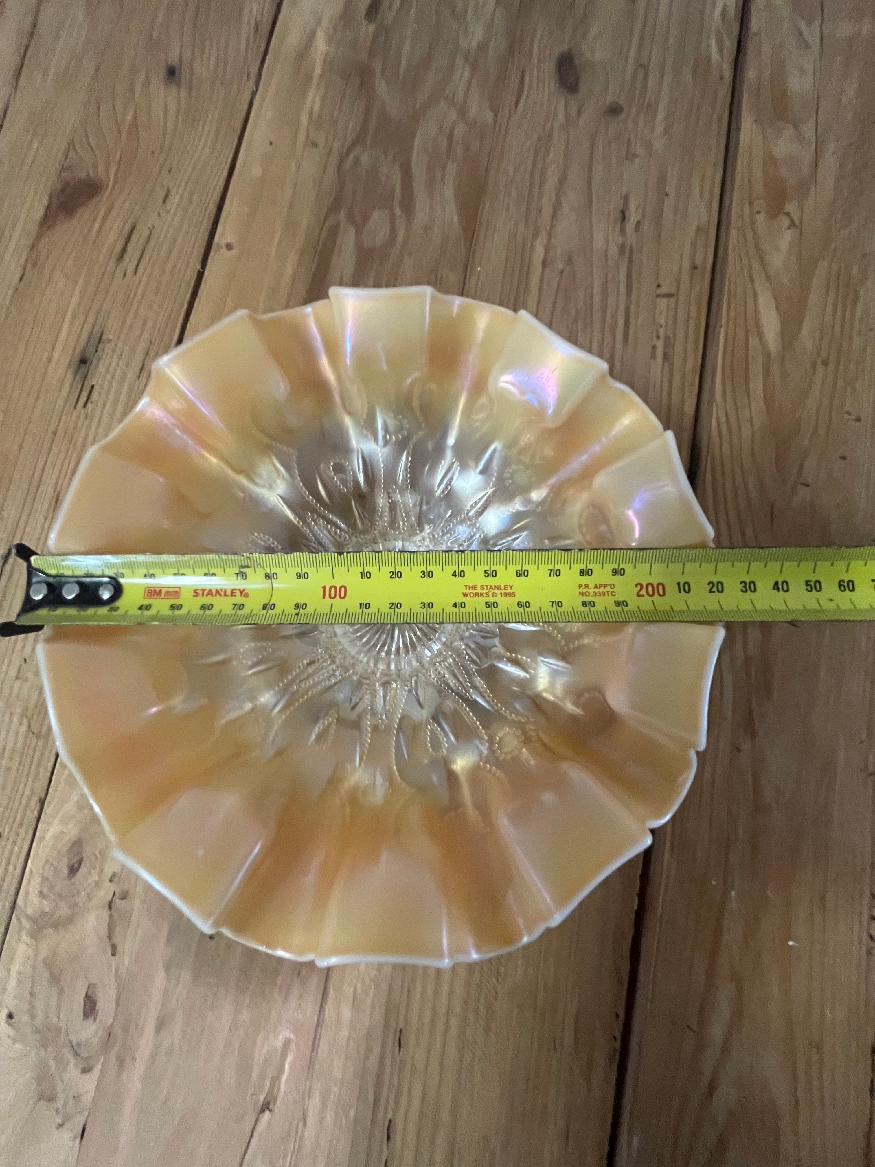 Vintage Peach opalescent carnival glass Ruffled Bowl in style of Dugan Glass Company similar to rainbow pattern — photo 5 of 6
