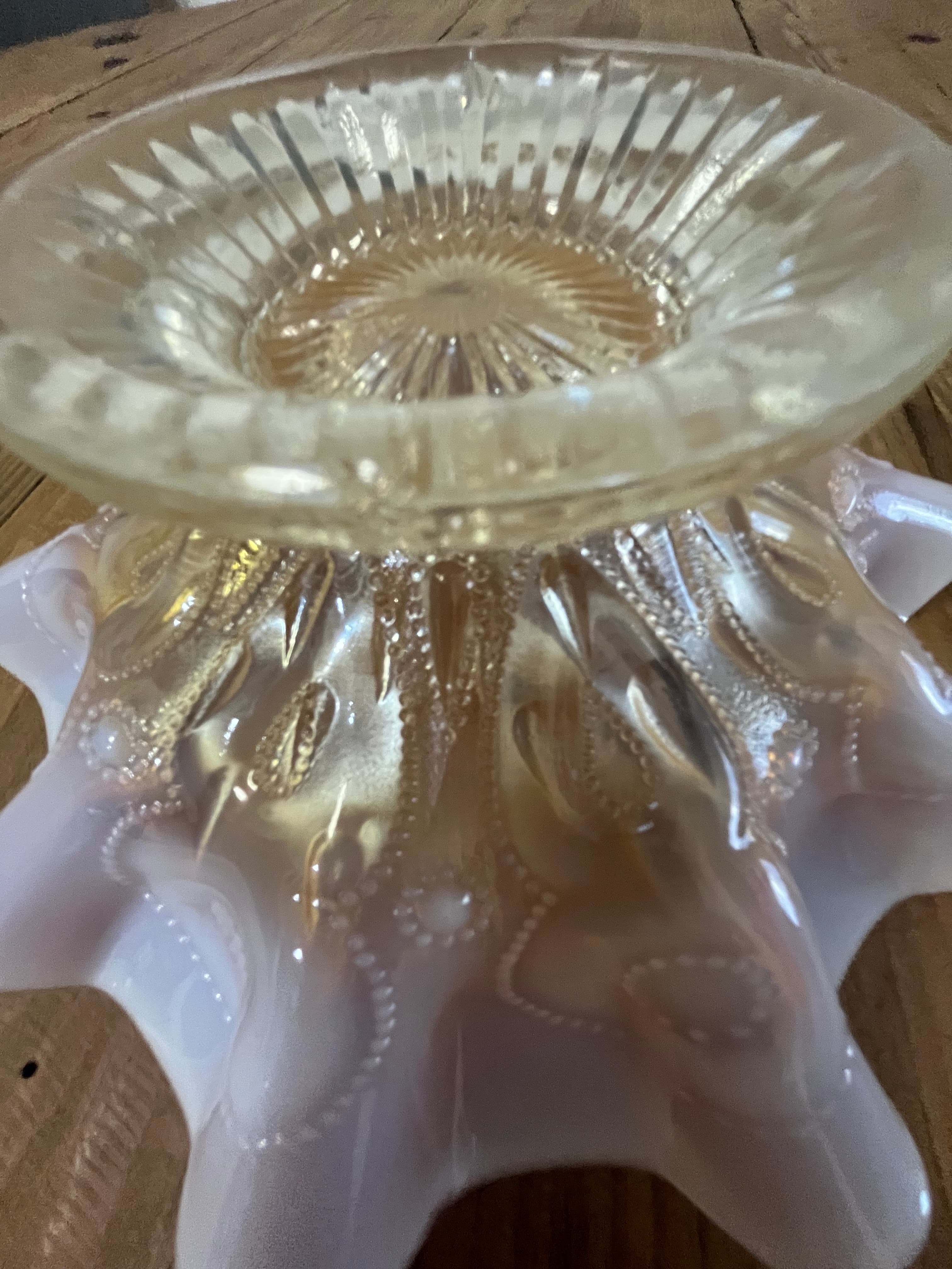 Vintage Peach opalescent carnival glass Ruffled Bowl in style of Dugan Glass Company similar to rainbow pattern — photo 6 of 6