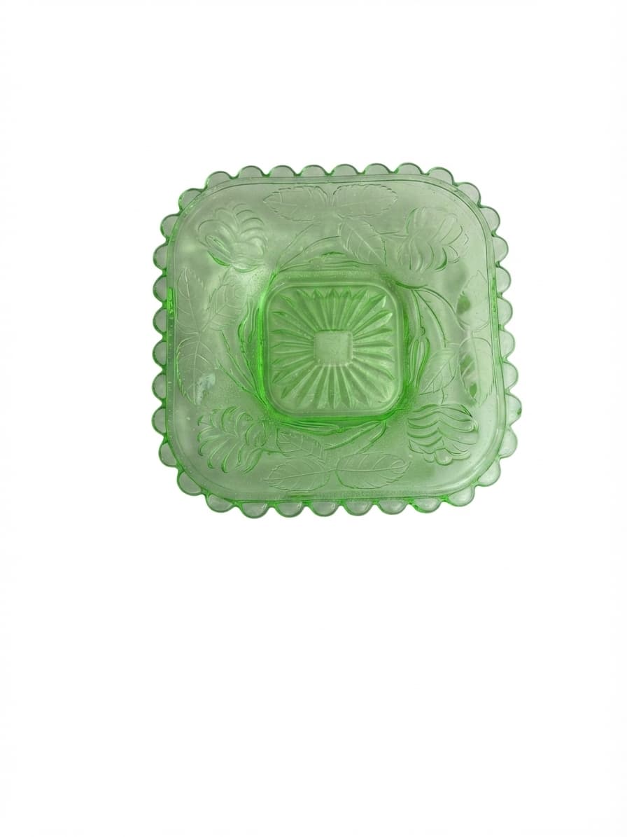 Vintage Uranium Glass Square Plate with Floral Pattern — photo 2 of 6