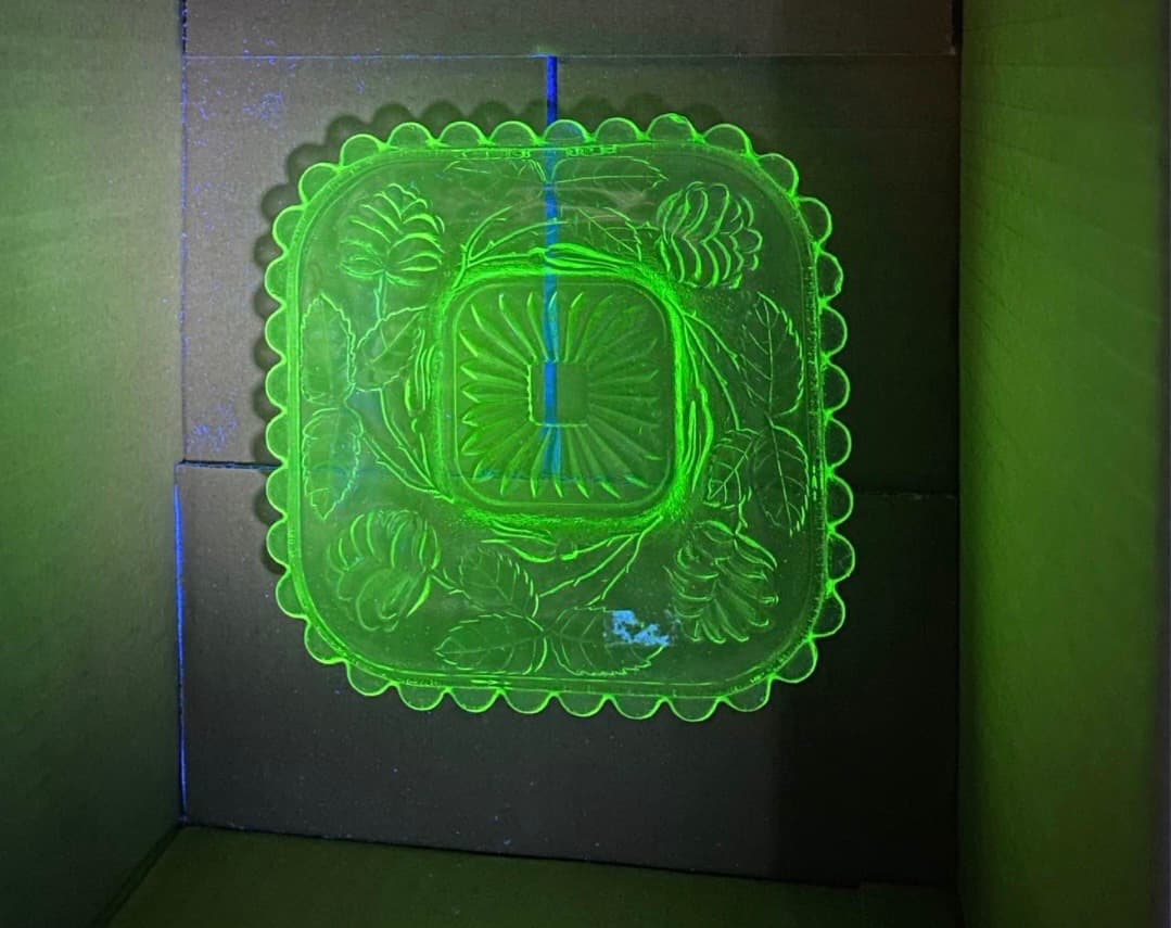 Vintage Uranium Glass Square Plate with Floral Pattern — photo 1 of 6