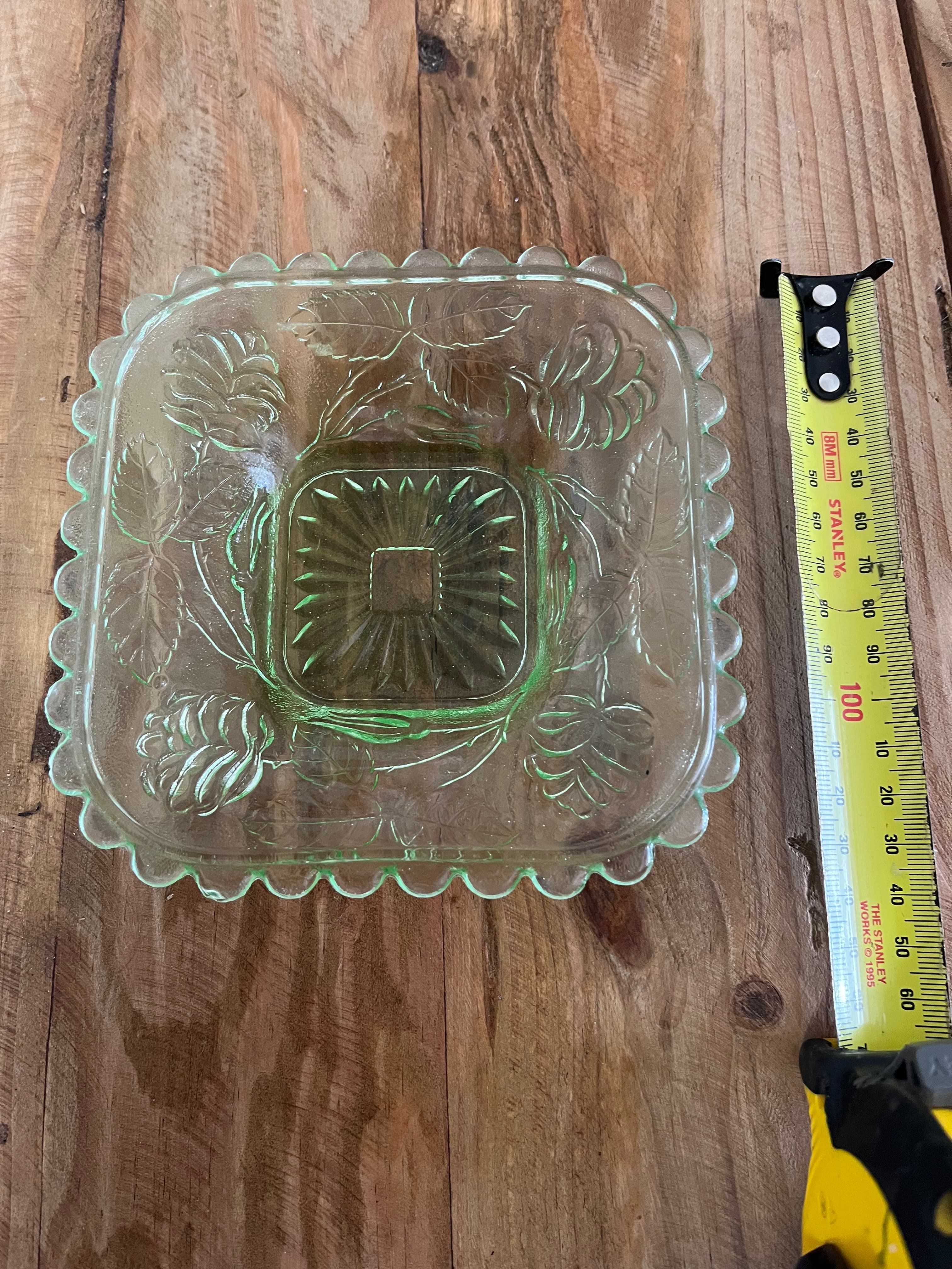 Vintage Uranium Glass Square Plate with Floral Pattern — photo 3 of 6