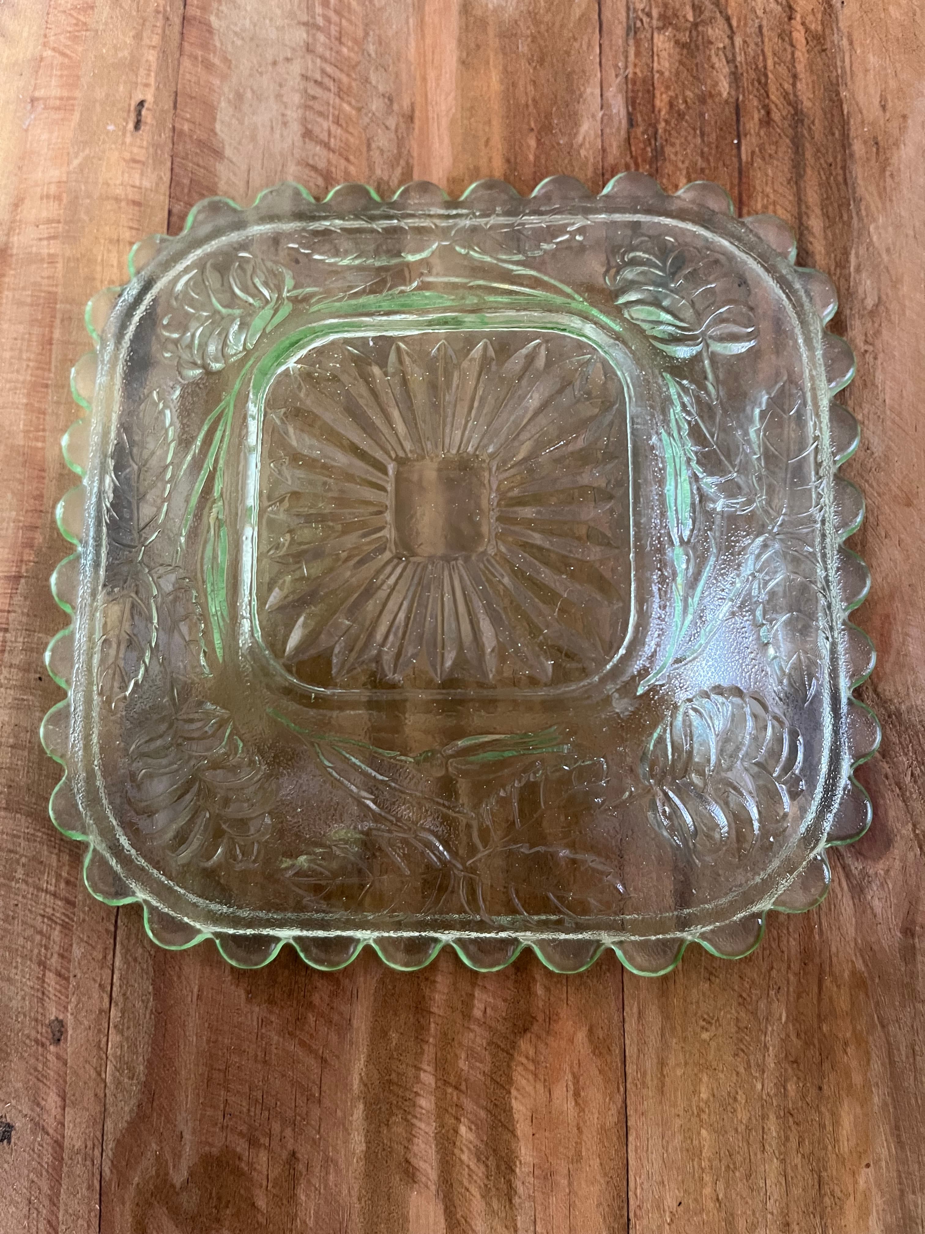 Vintage Uranium Glass Square Plate with Floral Pattern — photo 4 of 6