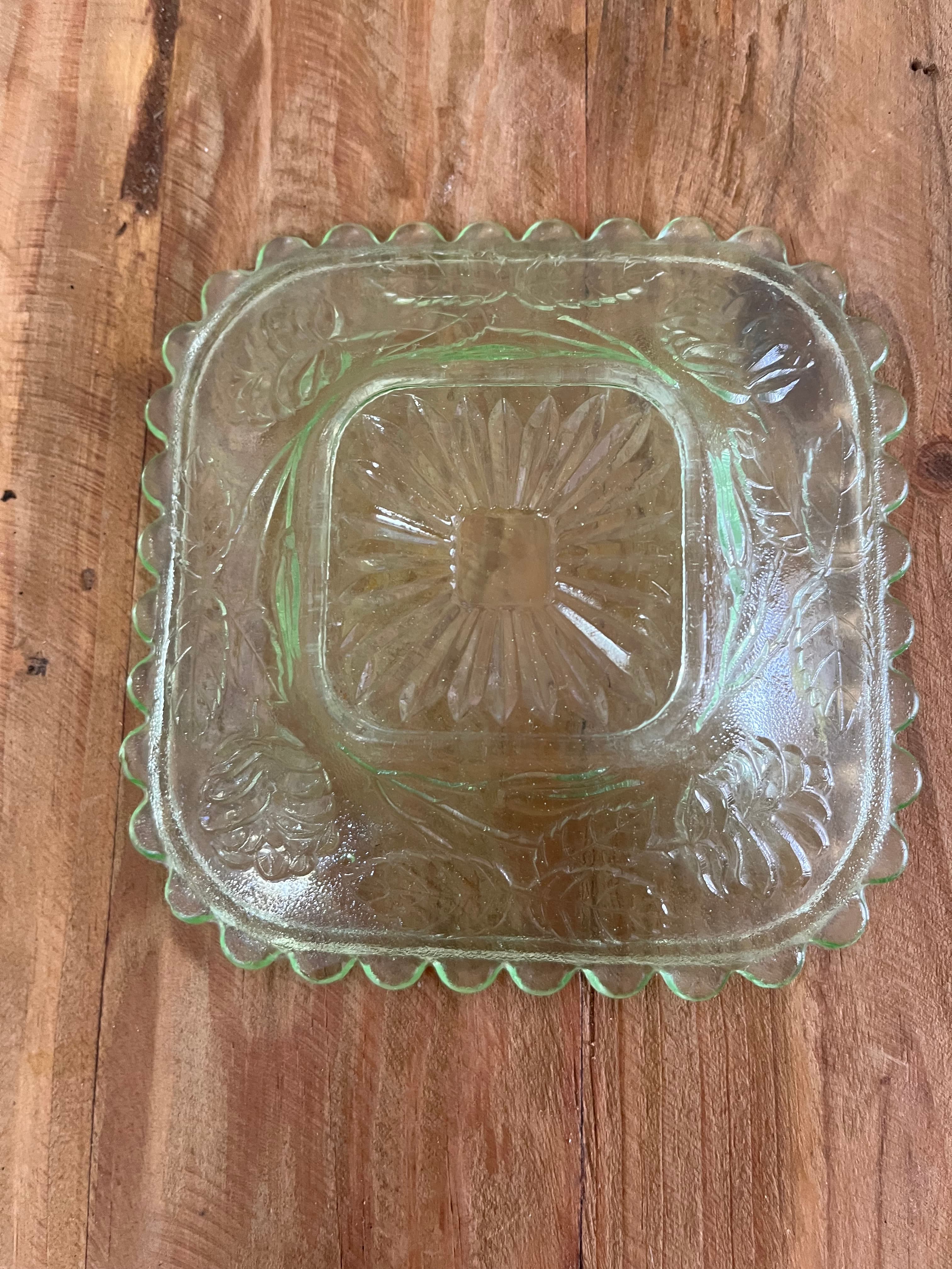 Vintage Uranium Glass Square Plate with Floral Pattern — photo 6 of 6
