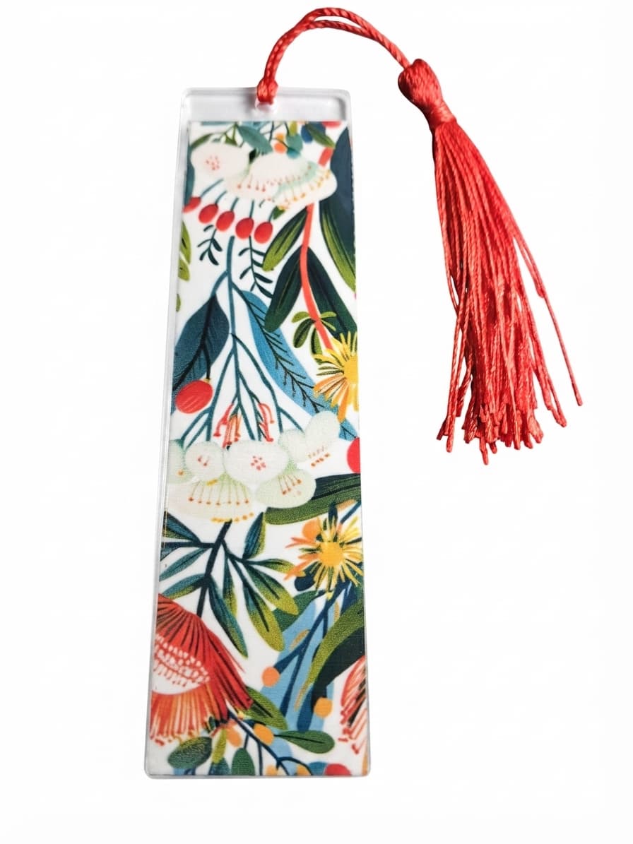 Australian Native Floral Print Acrylic Bookmark With Red Tassel