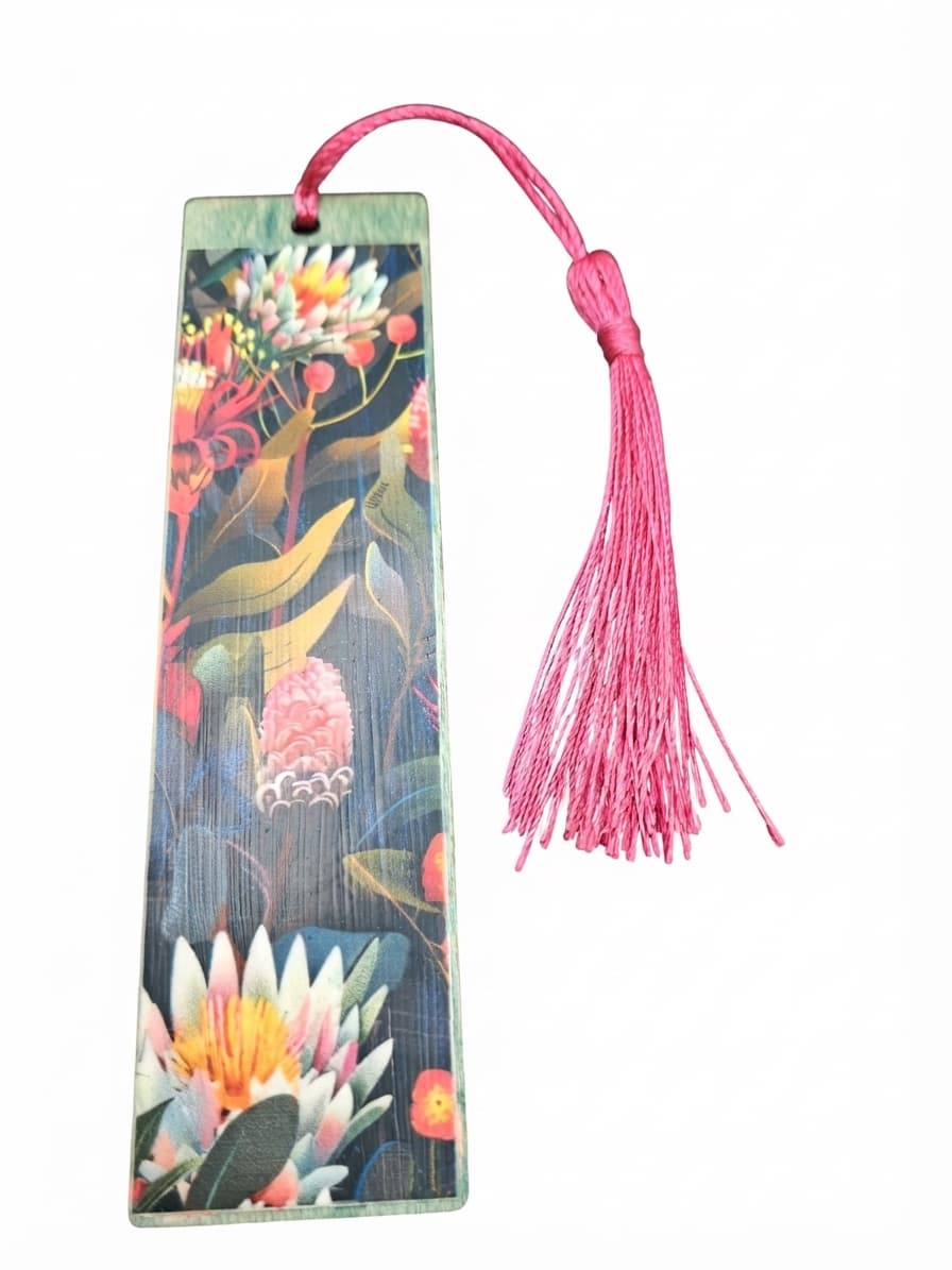 Australian Native Floral Wooden Bookmark With Pink Tassel