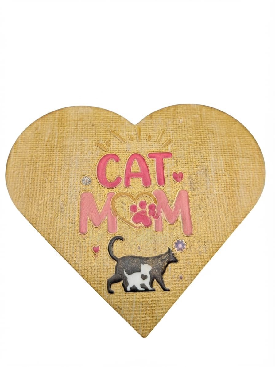 Cat Mom Heart-Shaped Magnetic Wooden Fridge Plaque