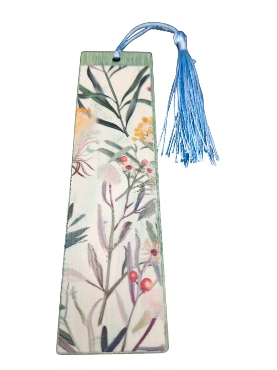 Floral Botanical Print Wooden Bookmark With Blue Tassel