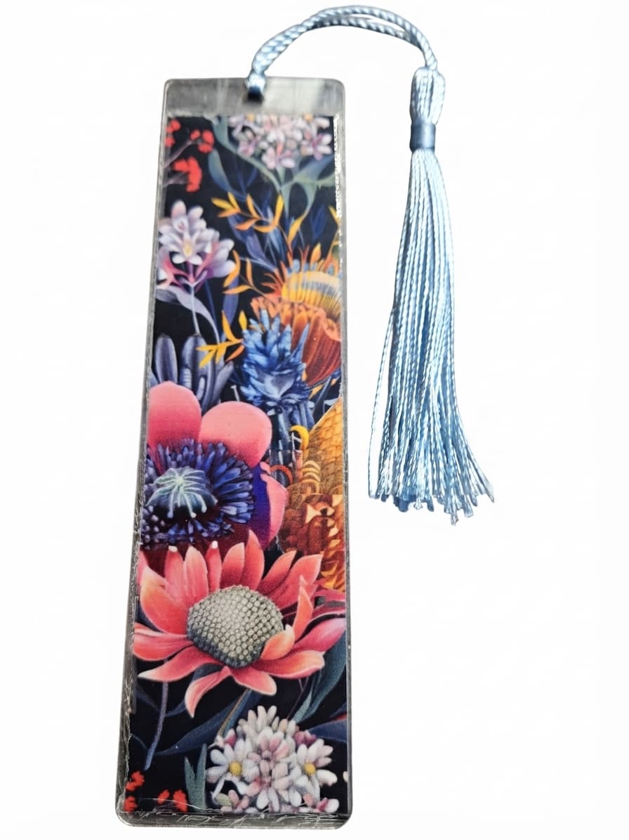 Floral Print Laminated Bookmark With Blue Tassel
