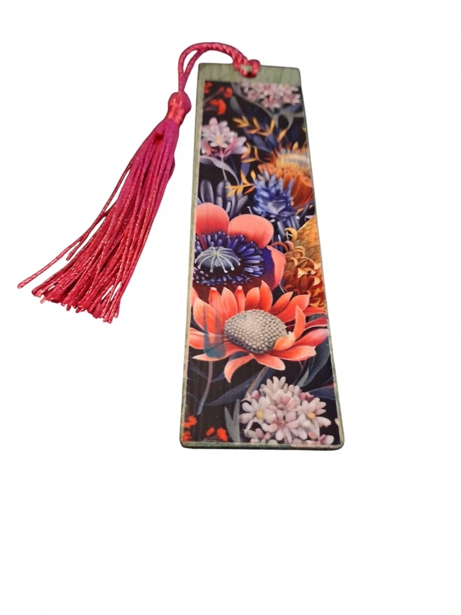 Floral Print Wooden Bookmark with Pink Tassel