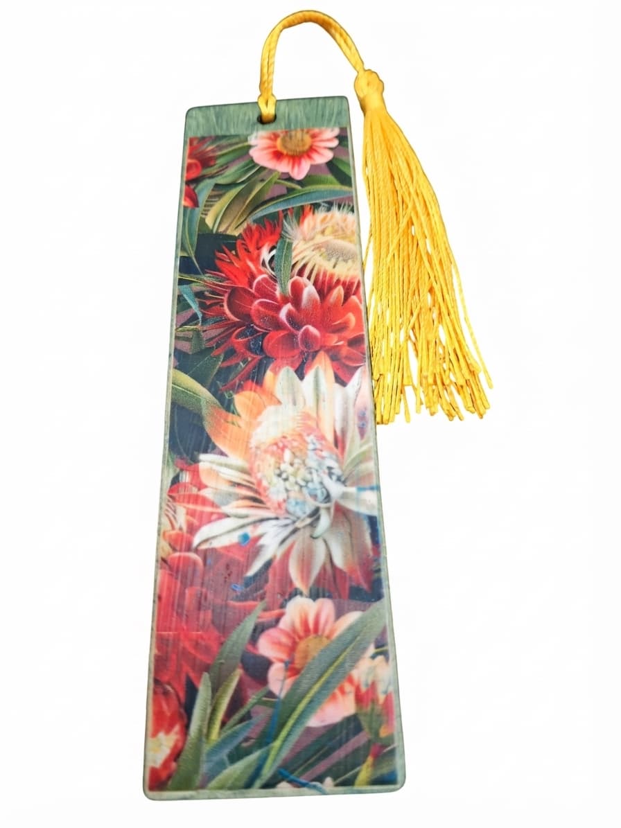 Floral Print Wooden Bookmark With Yellow Tassel