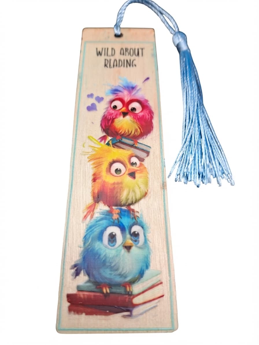 Wild About Reading Wooden Bookmark With Blue Tassel