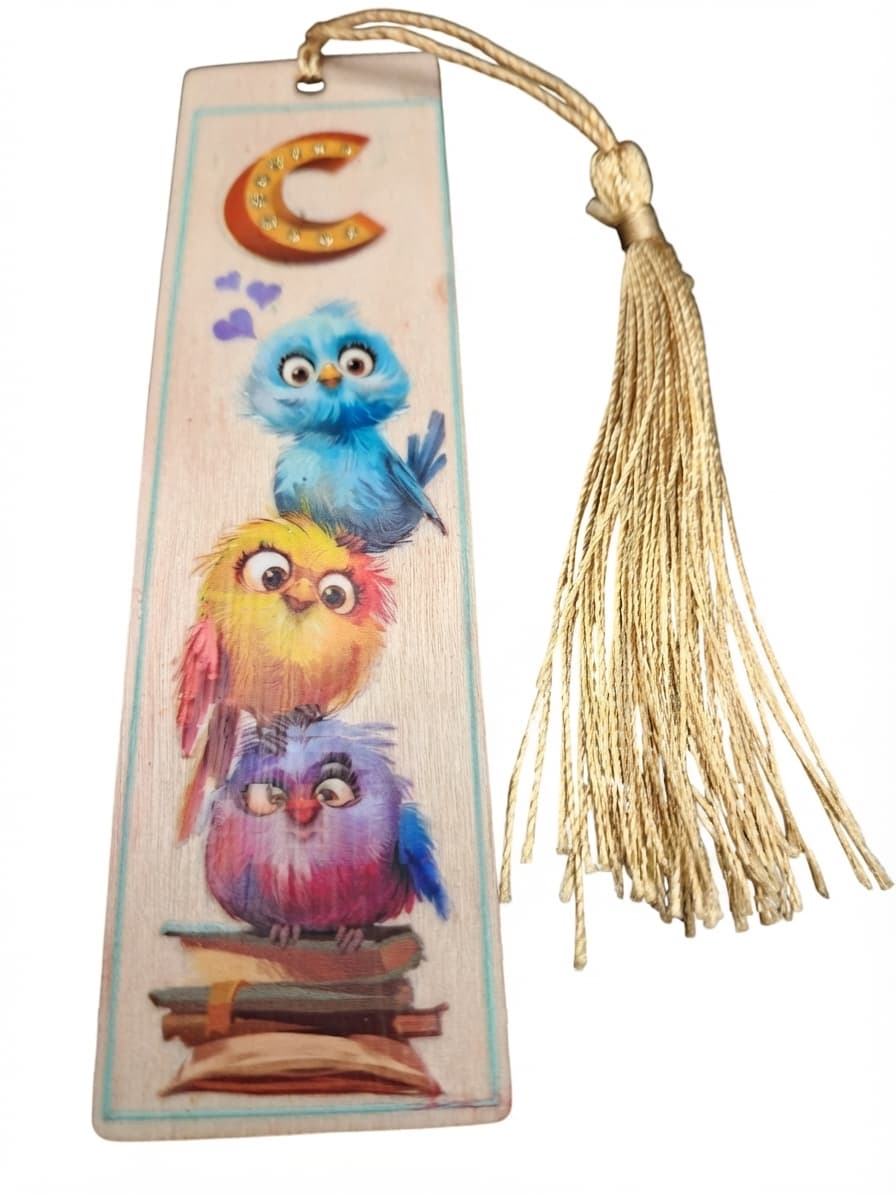Wooden Bookmark With Cartoon Birds And Tassel