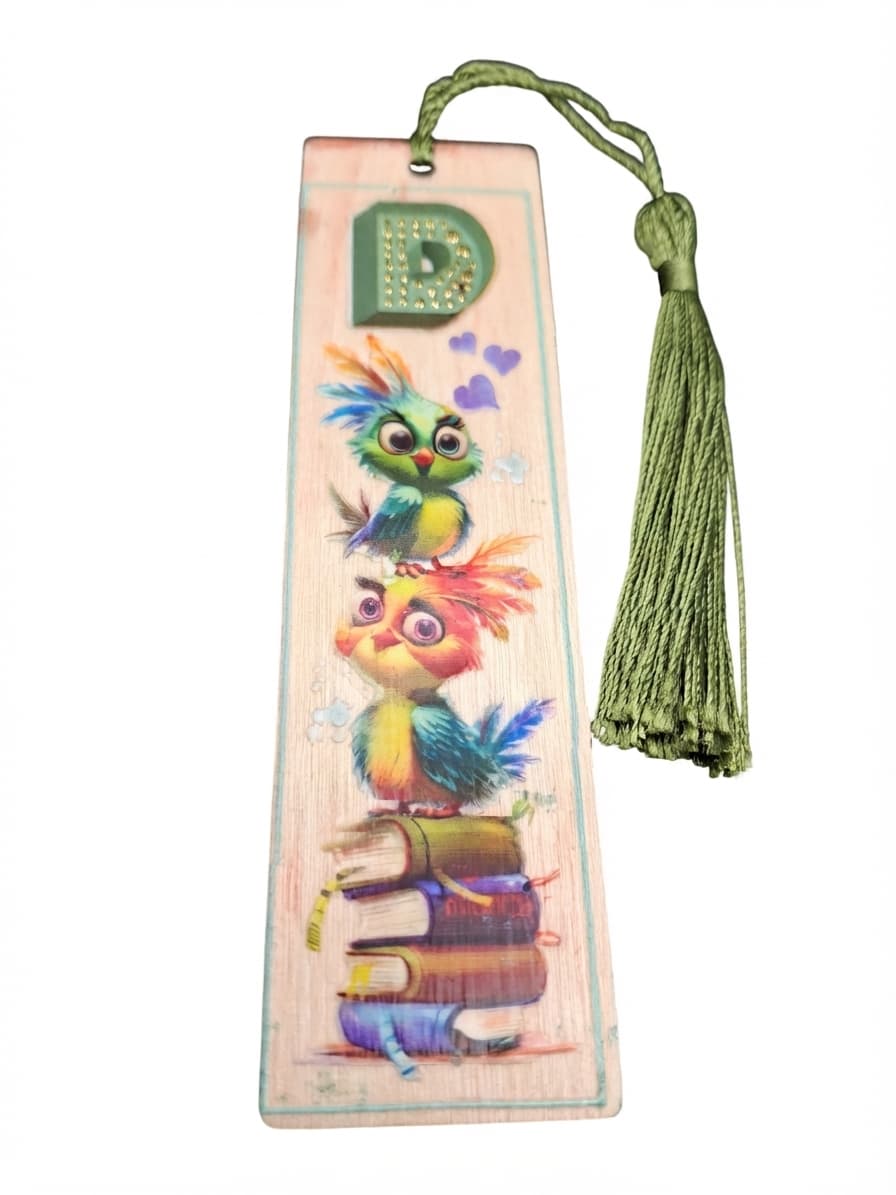 Wooden Bookmark with Letter D and Bird Illustration
