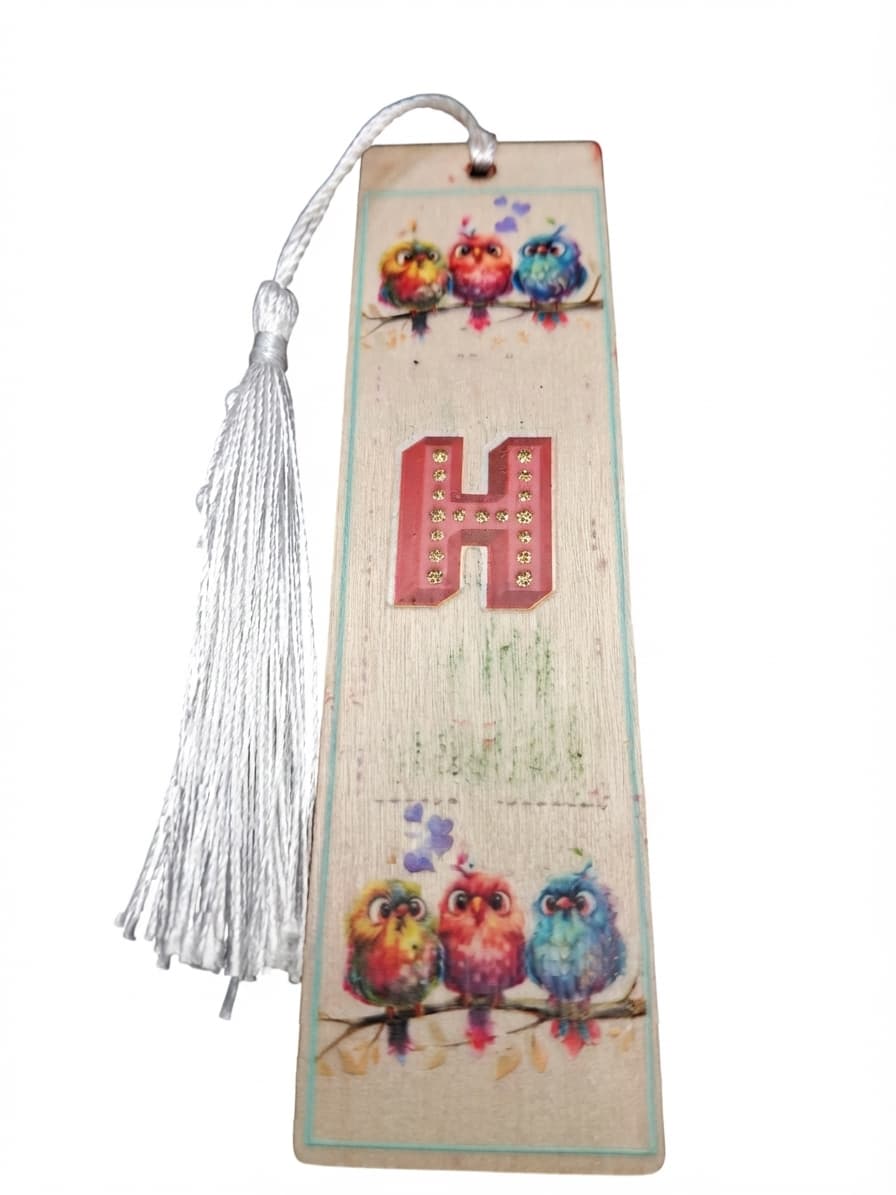Wooden Bookmark With Letter H And Colorful Birds Design