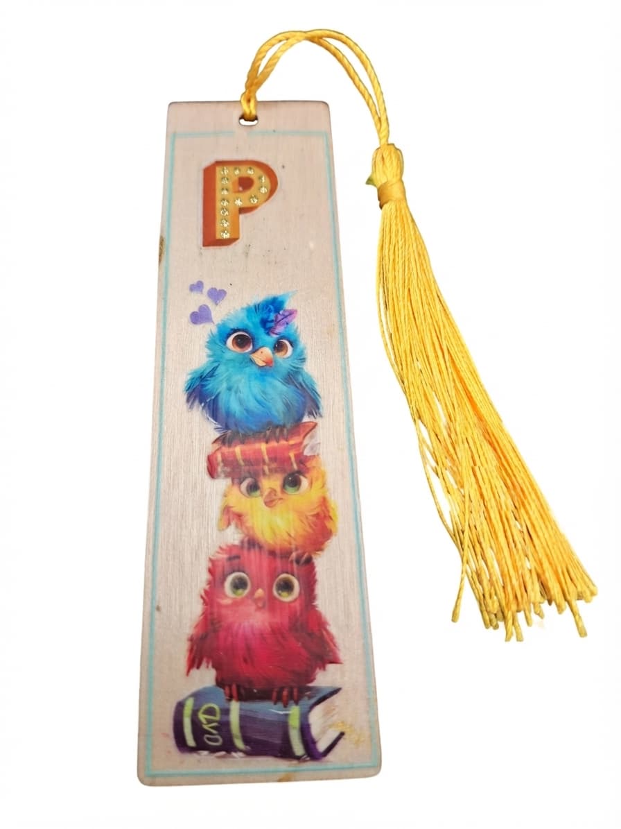 Wooden Bookmark With Letter P And Stacked Birds Illustration